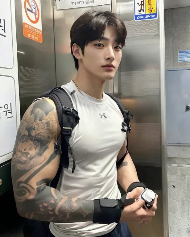 There's a man with a tattoo on his arm and a backpack, homem sul-coreano, Jinyoung Shin, who is siwoo, taejune kim, musculoso coreano de 2 a 1 anos, Hong junho hyung, hyung tae, Hyung Tae Kim, jaeyeon nam, Hyung Tae Kim, Hyung Tae Kim, joongwon charles jeong, Jungkook