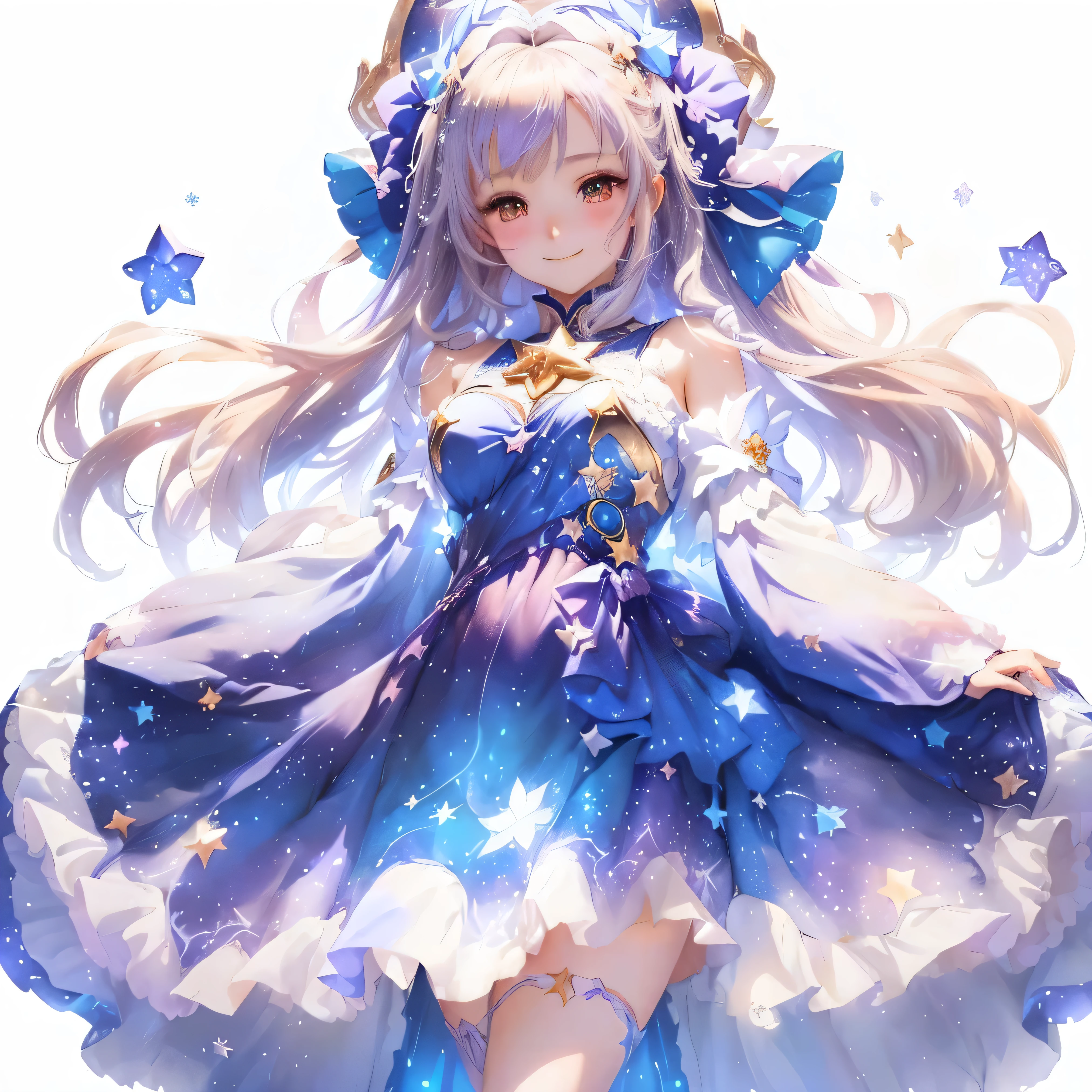 Anime girl in a blue dress with a star on her head, Cute anime waifu in a nice dress, Beautiful Sky Magician, Beautiful realistic art, Real Art Wallpaper 8k, Beautiful fantasy anime, Real Art 4k, Real-Art, Beautiful anime artwork, Beautiful Anime Girls, Splash Art Anime , Anime Goddess, Anime fantasy artwork, Real wallpaper,Real,A young, fairy-like face、A kind smile,Astral Background,