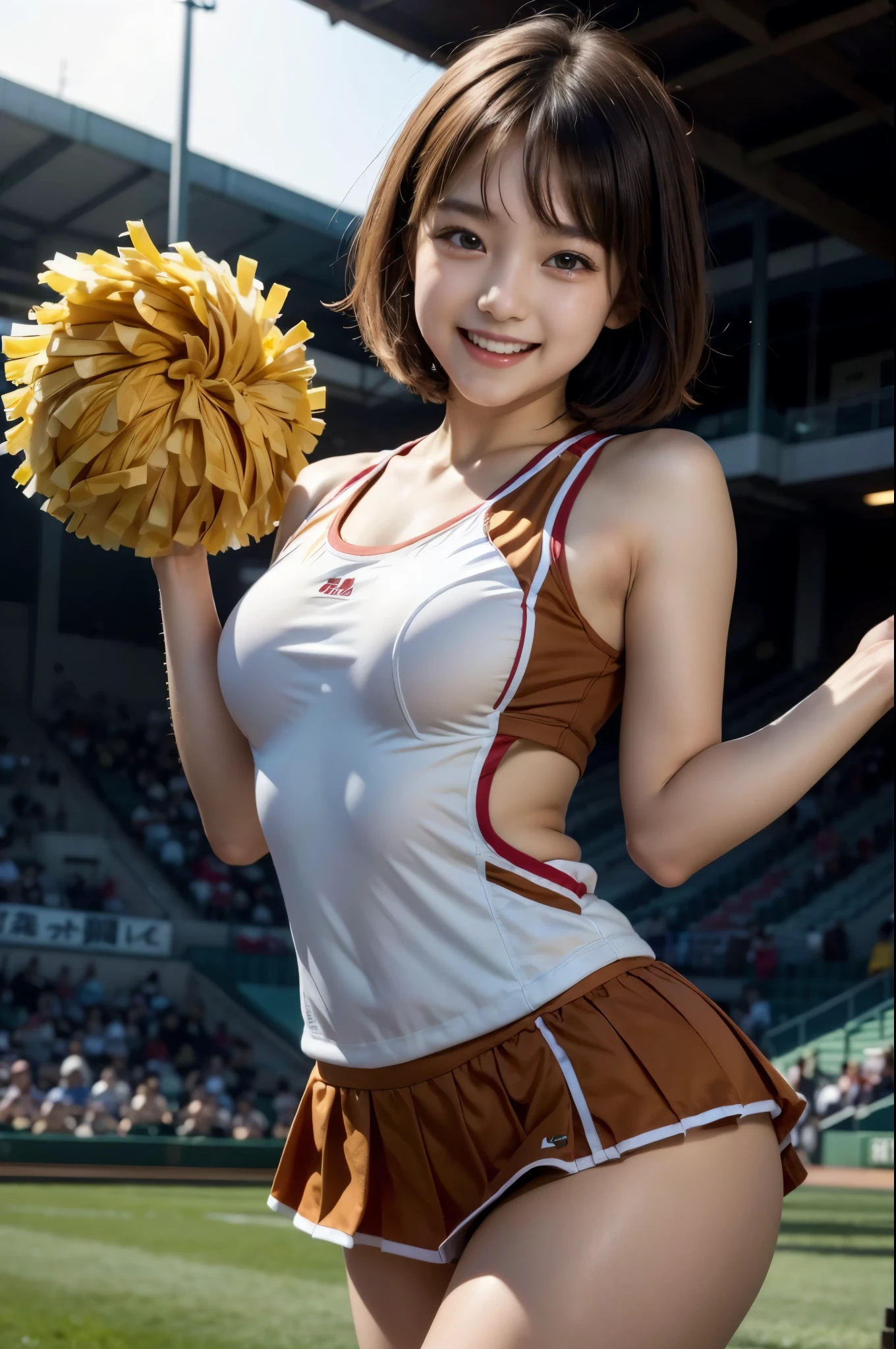 ((Ultra-high resolution photos)), (highest quality:1.2), (Perfect Beautiful Face 1.2), (Perfect and beautiful posture:1.2), (1 Japanese Cute girl:1.5), ((solo:1.5)), (round face:1.2), (Cheerleader:1.2), (cute face), Short woman, ((Big and ample breasts:1.2)), ((Big Ass)), Slim Muscular body, ((Brown Short Bob Hair:1.2)), Sharp eyes, Looking into the camera, (((Cheerleader costume:1.2))), ((Small Head:1.5)), random sexy pose, joyful laugh, baseball Ground,