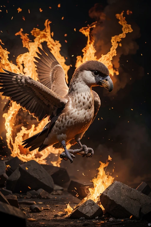 Crea una imagen de portada de juego de una paloma animada con fuego detras