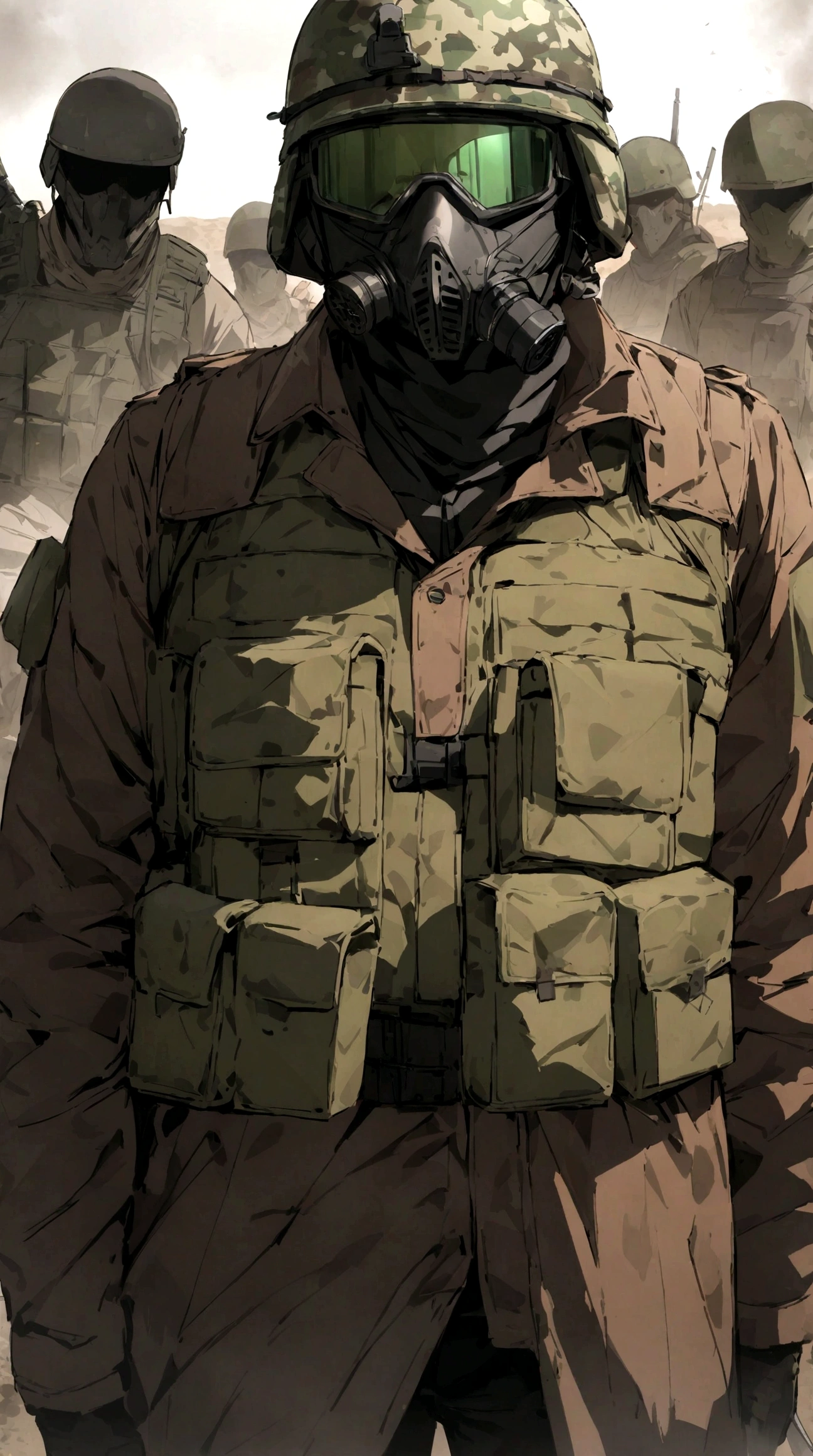 (masterpiece), best quality, faceless, hidden face, soldier, full face mask, green lenses, Male, Green Tactical helmet, black M50 gasmask, brown leather fur lined duster coat, green tactical vest, black pants. green lenses, Brown coat, Dark brown coat, leather coat, Faceless, hidden face, cool, post apocalyptic soldier, brown coat, Flecktarn camouflage vest, Flecktarn helmet camouflage, upper body, dark brown leather coat, solo
