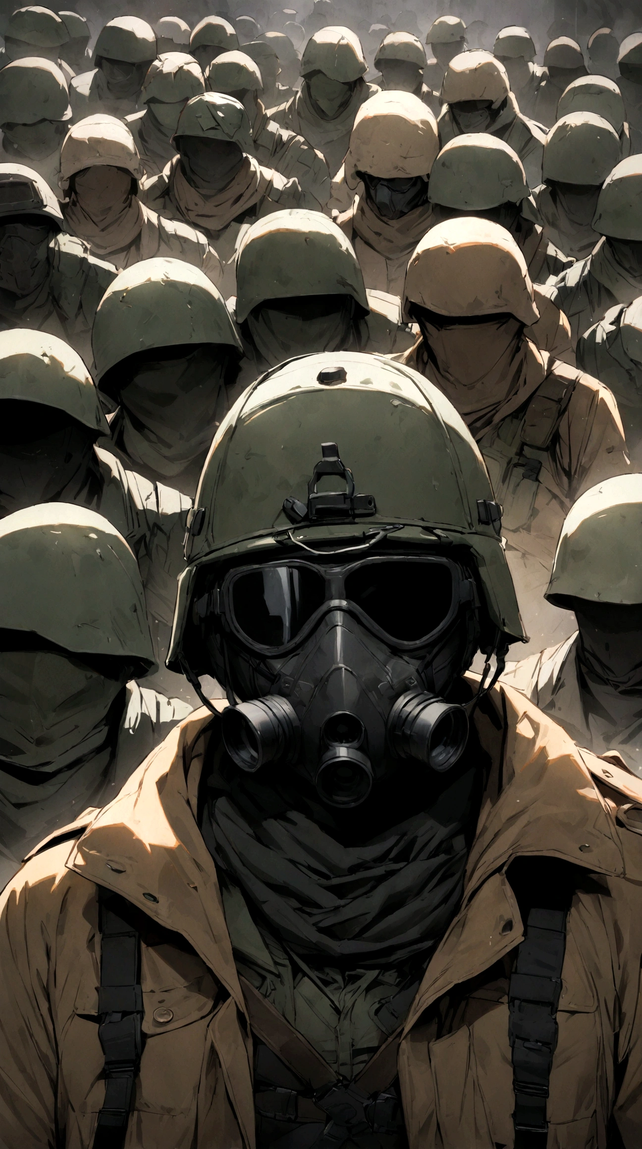 (masterpiece), best quality, faceless, hidden face, soldier, full face mask, green lenses, Male, Green Tactical helmet, black M50 gasmask, brown leather fur lined duster coat, green tactical vest, black pants. green lenses, Brown coat, Dark brown coat, leather coat, Faceless, hidden face, cool, post apocalyptic soldier, brown coat, Flecktarn camouflage vest, Flecktarn helmet camouflage, upper body, dark brown leather coat, solo