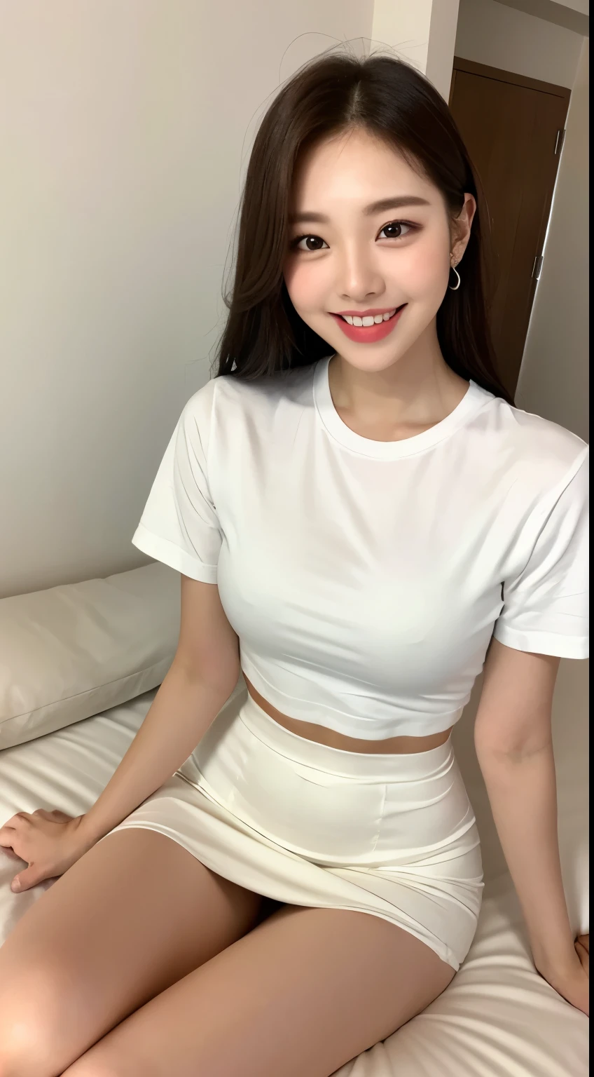 White tight shirt、White tight mini skirt、bed、smile、Short sleeve、high resolution、Korean idol face、double eyelid、White teeth