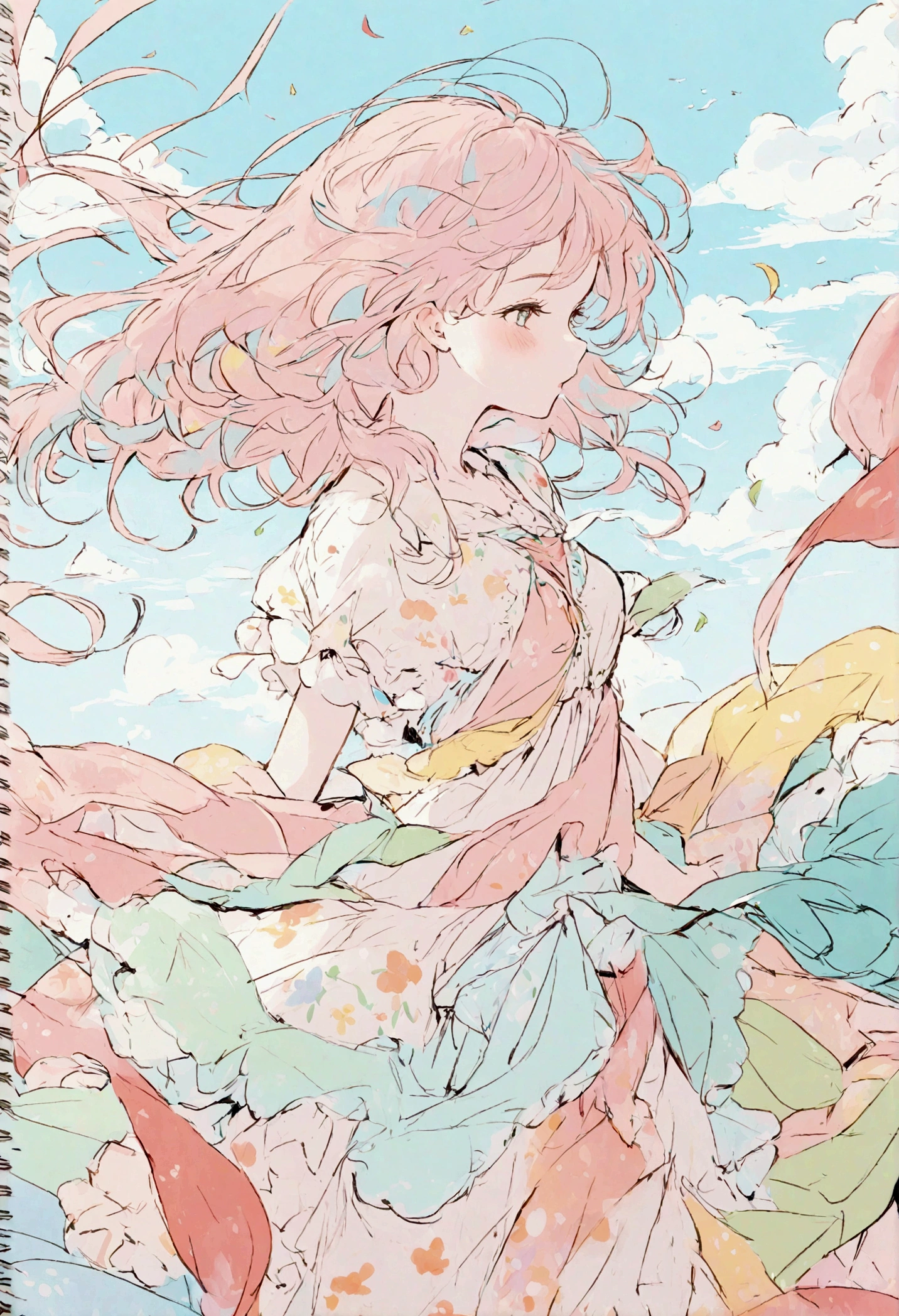 Cute girl painted in pastel colors, summer fabric around her, dancing in the wind, high quality drawings.
