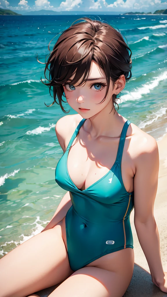 highest quality、Realistic、Women、zoom、Chestnut Hair、Turquoise Eyes、short hair、Swimwear、Grim face、Ocean、Looking down、、Bust Shot、