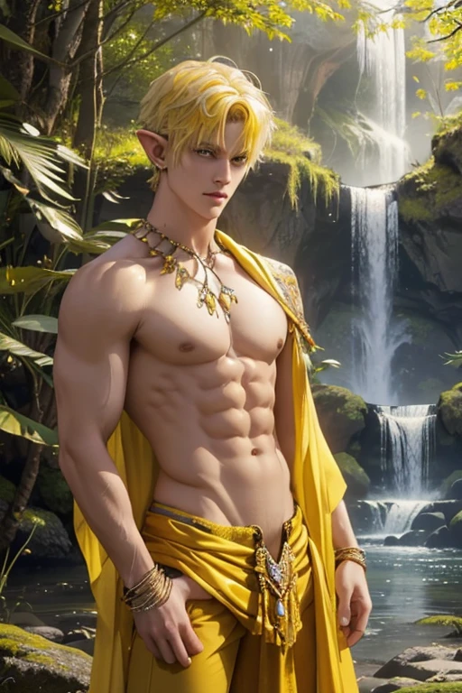best quality,masterpiece,Ultra high detail,A handsome muscular fractal yellow hair elf druid prince, Short hair,topless,),(wearing yellow wardrobe with jewelry ),realistic, waterfalls background, light environment