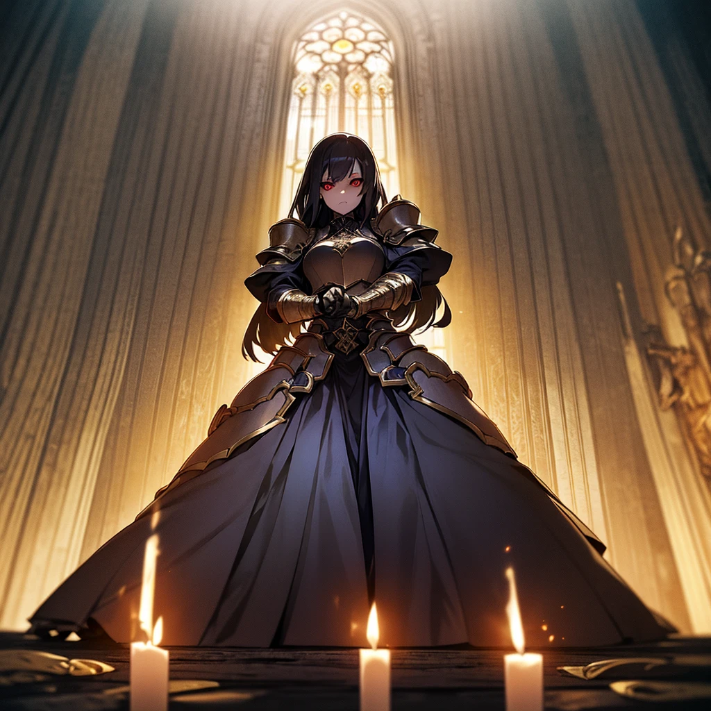 A breathtaking artwork of a female character of unimaginable beauty, set in a dark and opulent environment. The full-body view reveals an impressive figure, exuding an aura of power and mystery. She wears black and gold clothes, radiating a luxurious darkness. Her armor is detailed and characteristic, with intricate golden designs that shimmer in the dim light. Ornate shoulder pads protect her shoulders, and the armor perfectly molds to her body, accentuating her formidable presence. Her long black hair flows like a river of darkness, contrasting with her mesmerizing scarlet eyes. Her beauty is almost supernatural, a perfect blend of grace and menace. She wields a cursed blade that seems to pulse with malevolent energy, enhancing her aura of danger. The setting around her is a gothic and luxurious environment, with dark arches and stained glass windows that filter a supernatural light. In the background, candles flicker, casting dancing shadows on the intricately carved stone walls. It is a place that blends elegance and terror, perfectly reflecting the essence of the character.
