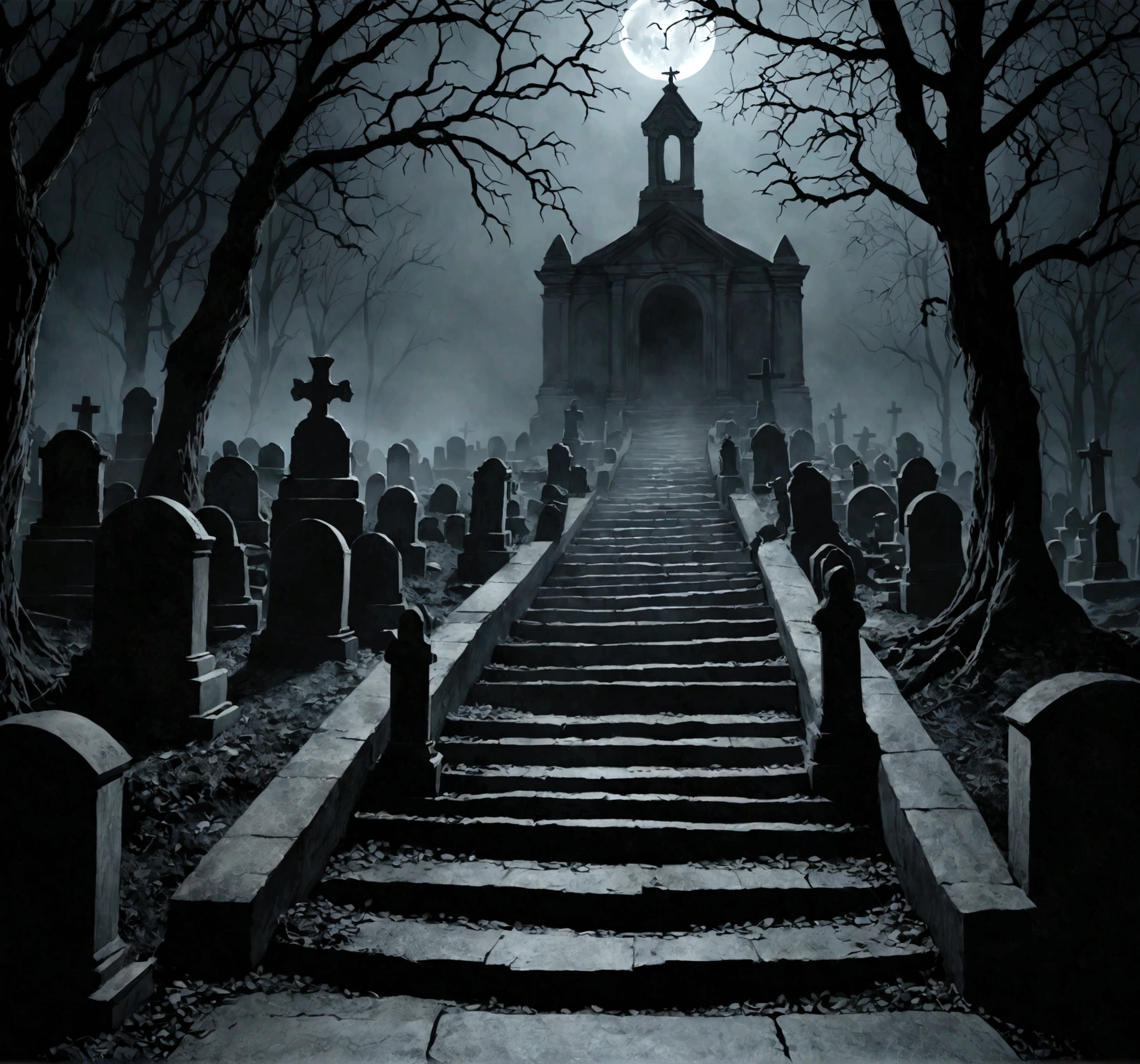 A photorealistic image, reminiscent of classic horror movie stills, of a weathered stone staircase descending into an impenetrable darkness in the midst of a foggy graveyard at night.