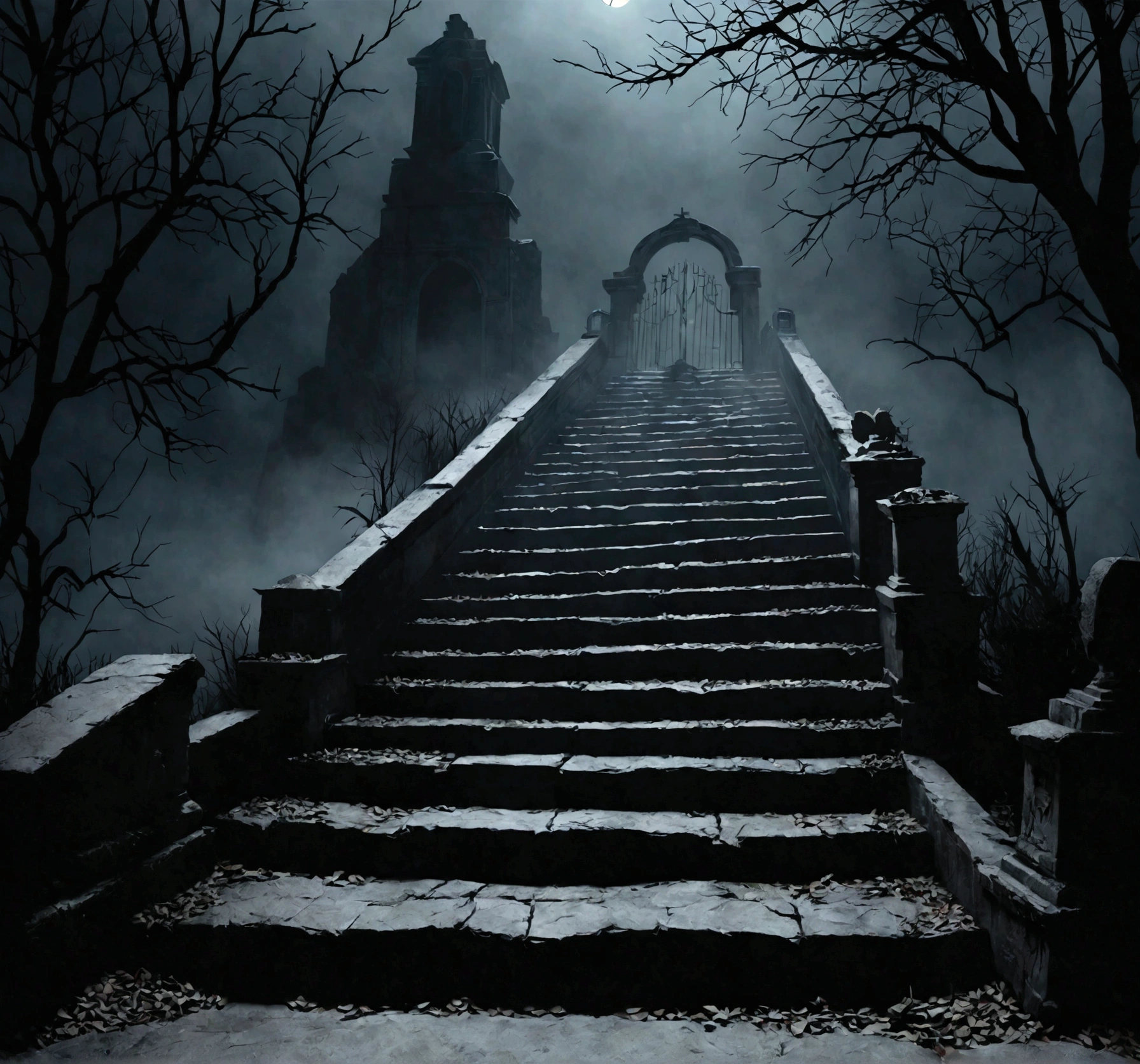 A photorealistic image, reminiscent of classic horror movie stills, of a weathered stone staircase descending into an impenetrable darkness in the midst of a foggy graveyard at night.