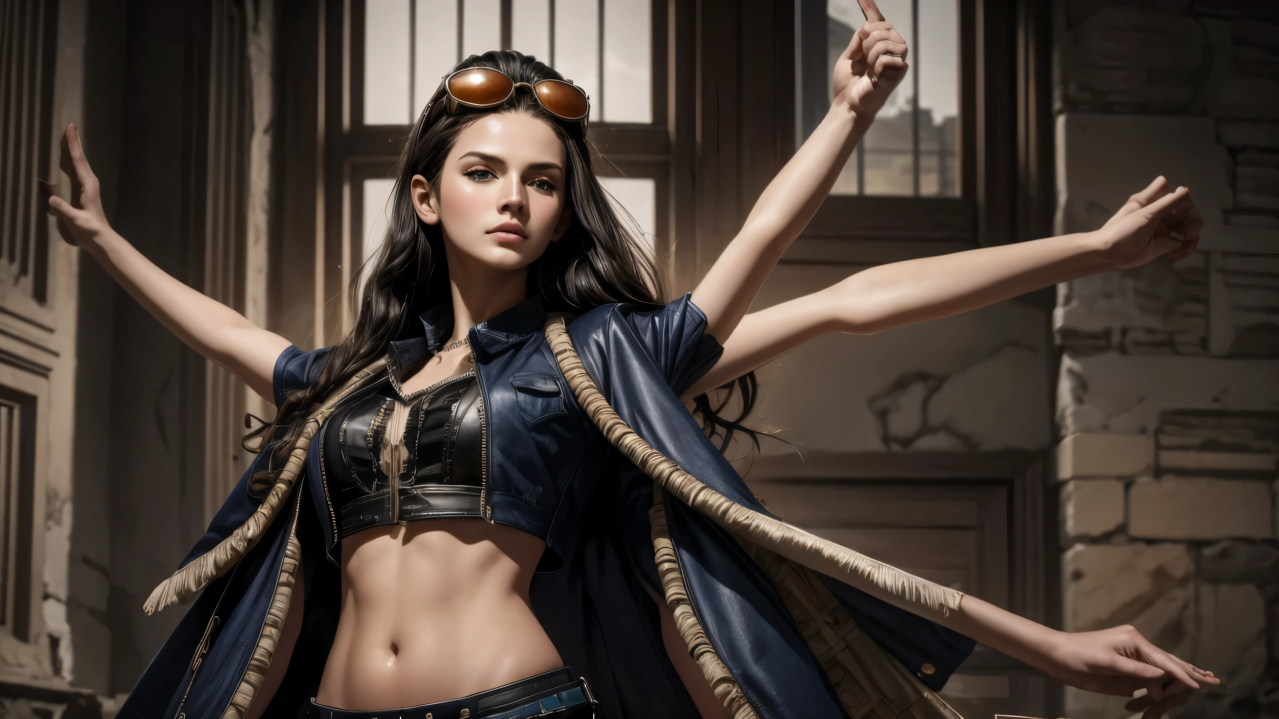 masterpiece, best quality, extremely detailed, hyperrealistic:1.1, photorealistic, a beautiful 20s russian model, ultra detailed face:1.1, sunglasses on head:1.1, long hair, black hair, navy crop top, collared jacket, extra arms:1.2, 10 arms:1.2, raising arms, ancient ruins