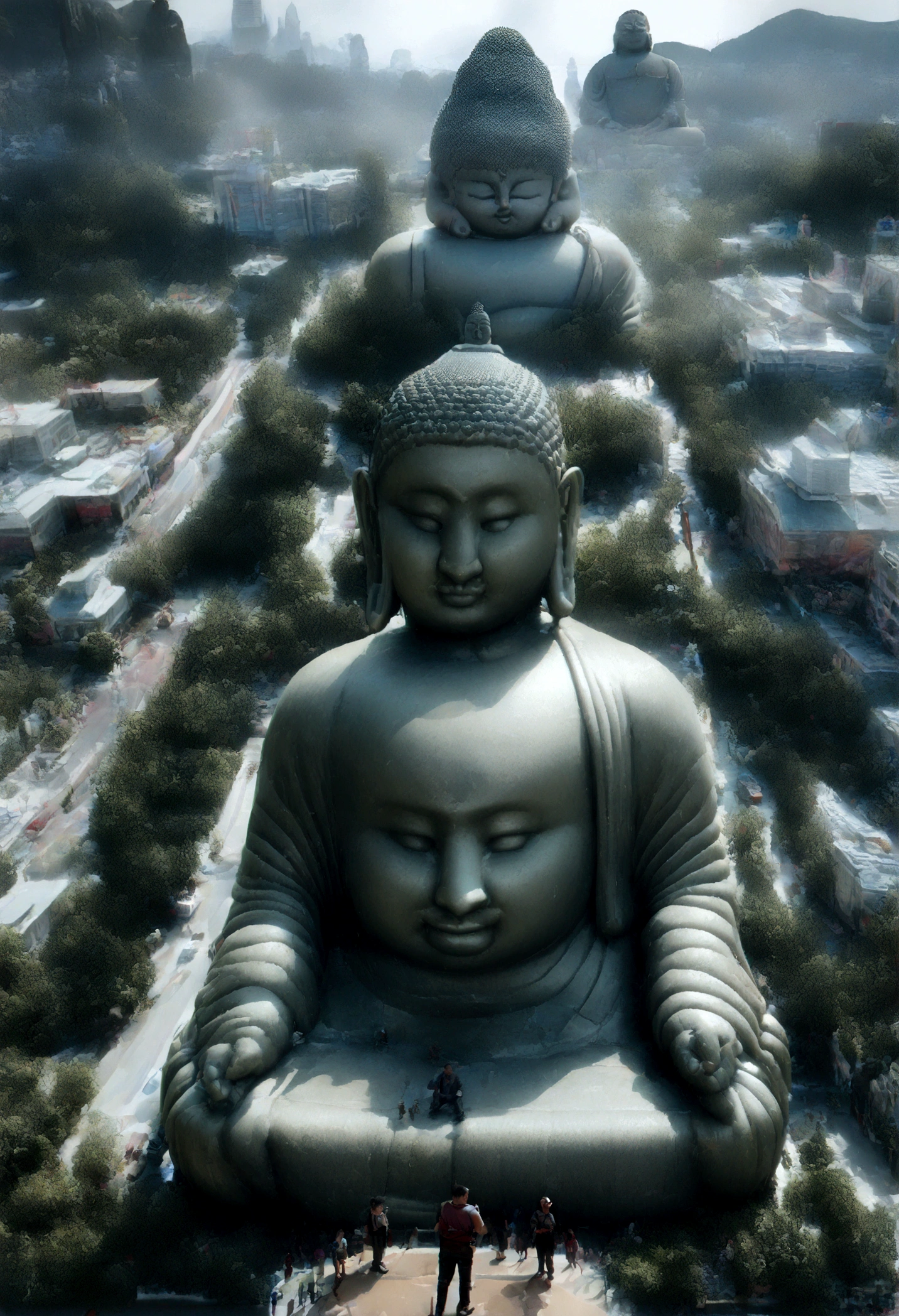 How to draw with a ballpoint pen、(A Buddha statue towering in the distance:1.5),(Cyberpunk cityscape:1.2),(Photorealistic:1.4),(highest quality:1.0),(Very worried:1.0),8k,RAW Photos,(Tabletop:0.2),Super detailed,(Pilgrims' Path:0.8),Huge tall Buddha statue in the distance,Pilgrims' Path