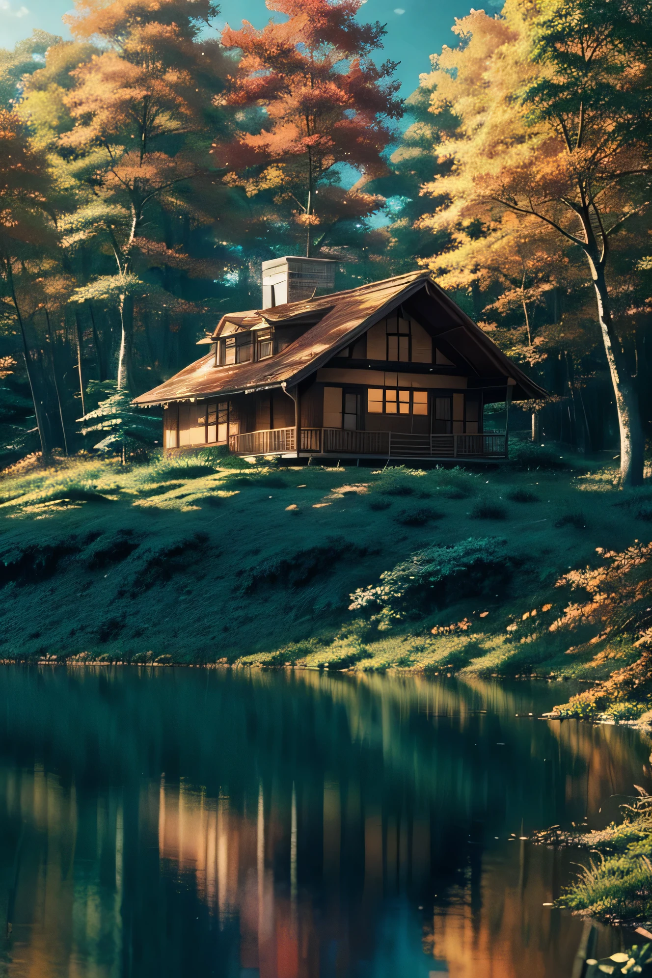 A house in the middle of a forest  with beautifull fall a screenshot by makoto shinkai cgsociety minimalism anime aesthetic anime wallpaper 
