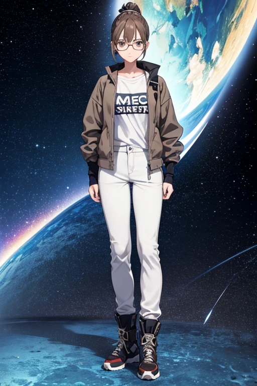 Anime drawings、Full body portrait、Space SF mechanic、A woman, about 32 years old, standing upright, about 160cm tall, wearing a grey jacket, white T-shirt and long pants.、grumpy look、Hairstyle: short ponytail、Brown Hair、Grey Eyes、Glasses、sports boots