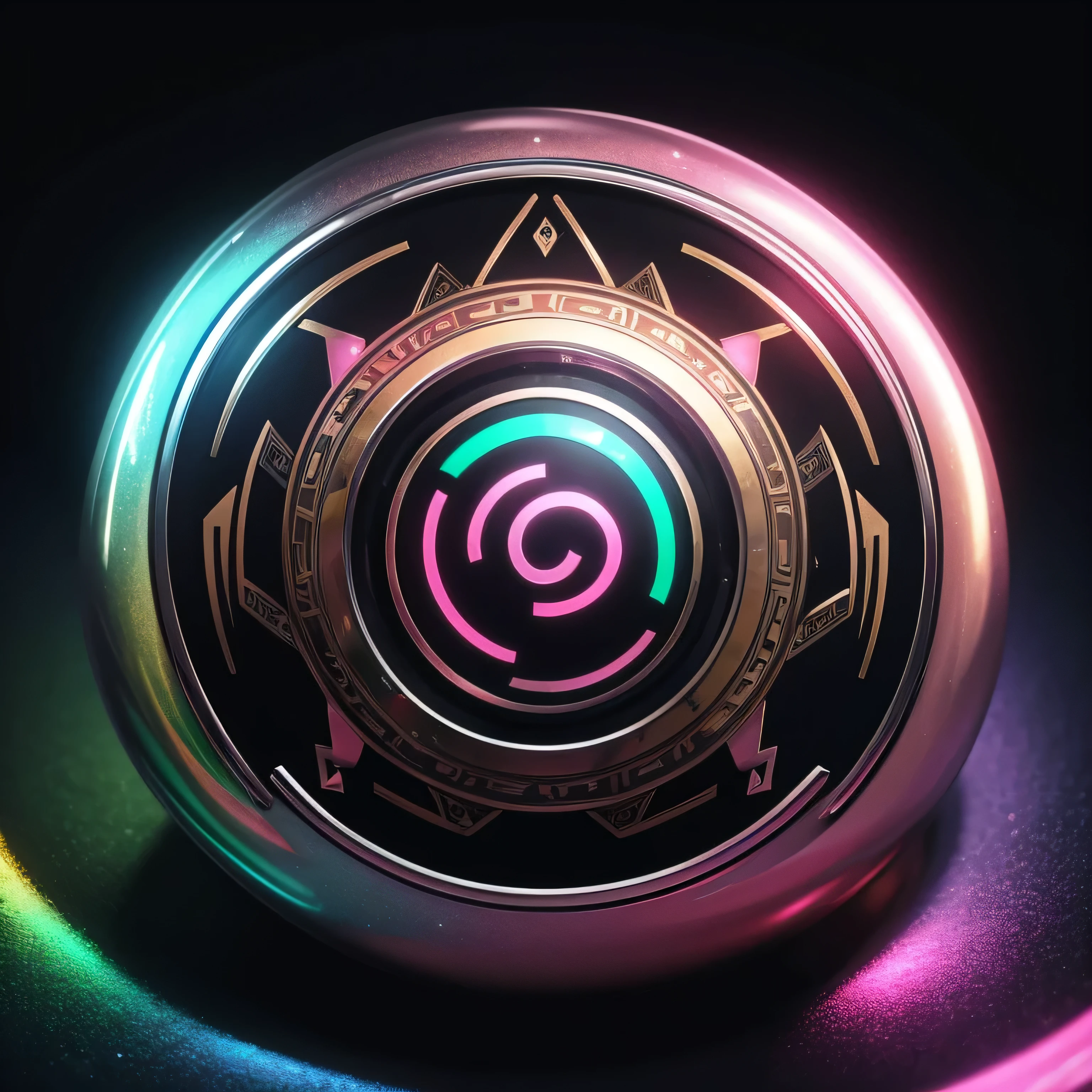 chrome painting of a pink, green, silver and gold psychedelic round logo, with transparent background, sparks and dramatic curves, best quality, perfectly textured, dramatic luminosity, and the word "PSYWORMS" in sky blue cartoon font, perfectly textured, octane render 8K