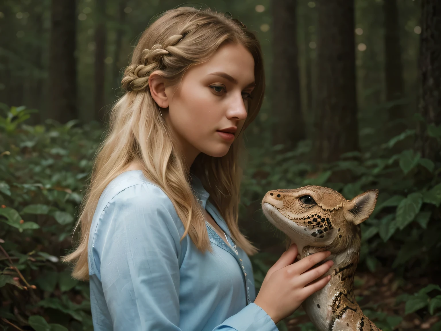 a young caucasian woman kissing a snake, beautiful detailed blue eyes, curled blonde hair, gypsy dress, pacific northwest forest, photorealistic, 8k, highly detailed, intricate, digital painting, soft lighting, warm colors, cinematic composition, hyperrealistic