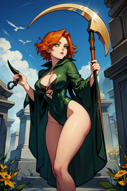 An orange haired female reaper with green eyes with an hourglass figure in yellow jumpsuit is spinning her scythe in the cemetery