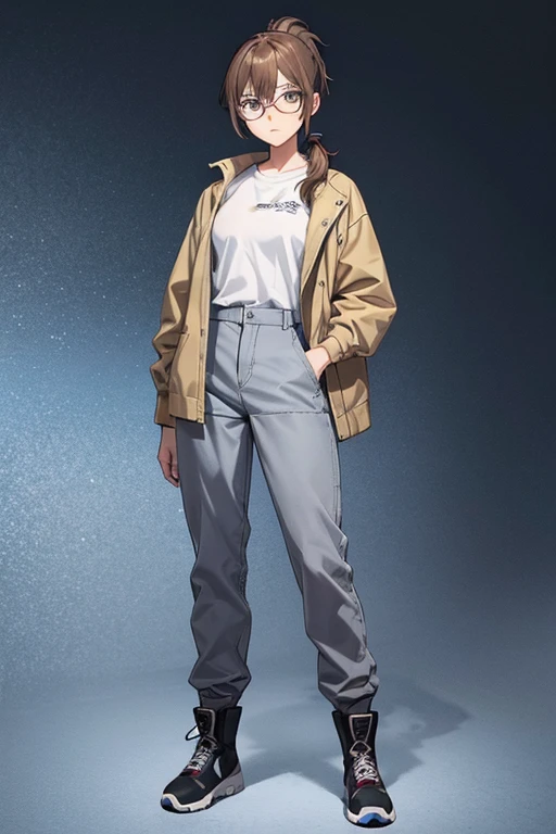 Anime drawings、Full body portrait、Space SF mechanic、A woman, about 32 years old, standing upright, about 160cm tall, wearing a grey jacket, white T-shirt and long pants.、grumpy look、Hairstyle: short ponytail、Brown Hair、Grey Eyes、Glasses、sports boots