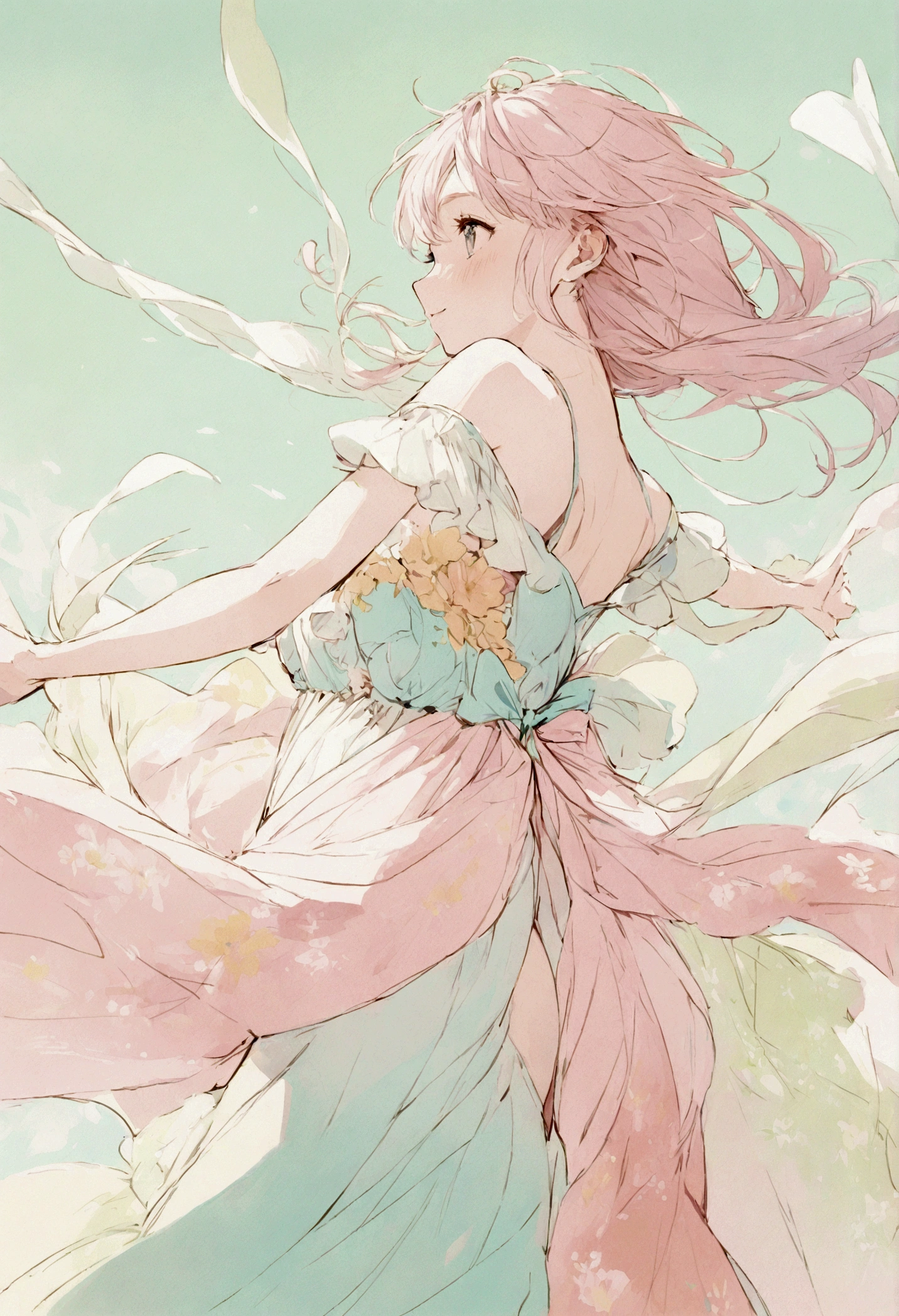 Cute girl painted in pastel colors, summer fabric around her, dancing in the wind, high quality drawings.