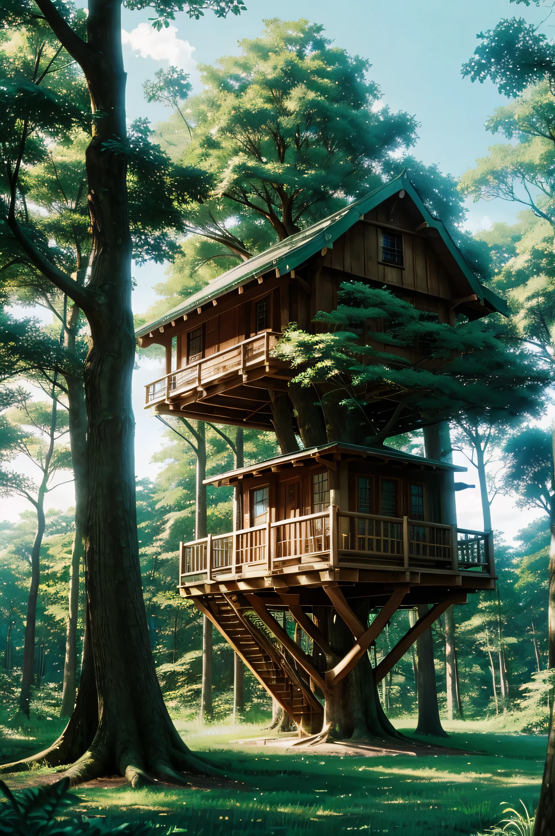 A tree house in the middle of a forest with a staircase - SeaArt AI