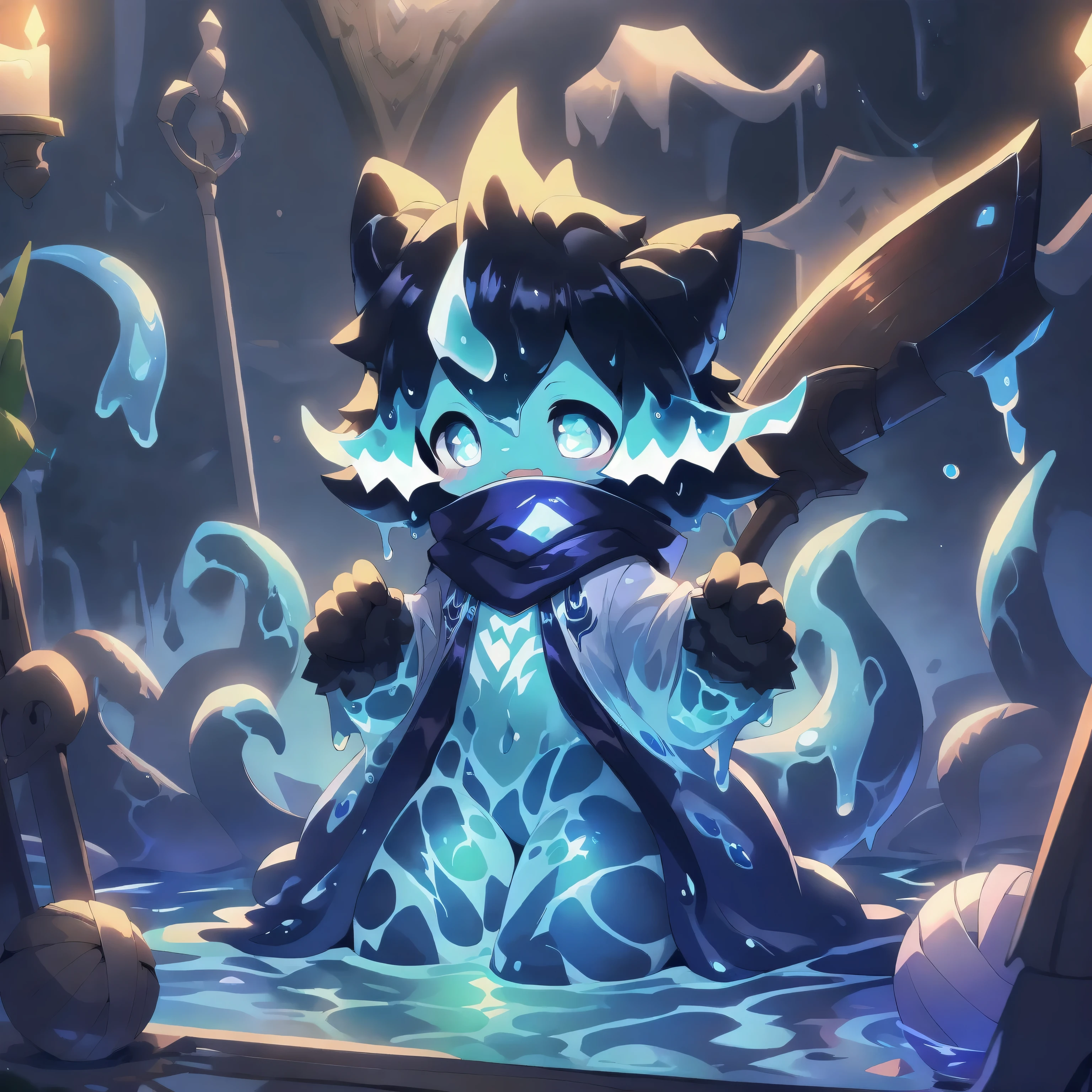 shadowing, tmasterpiece, HighestQuali, gentle illumination, Complicated details, Soft lines, Sharp focus, Mermaid Boy, Shota, tentaculata, goopy, dissolve, MuCoi, slime skin, semi transparent, Translucent body, Short liquid hair, slime, goo, goo, More tentacles, Water skin, goo, goo body, Short blue-black hair, Fluorescent blue pickaxe staining, Luminescent tattoo, liquid state, Liquid skin, Liquid body, indoor, Modern Bathroom, potted, water elemental, cloaks, Scarf, light yarn, rays of moonlight, glowworm, Starry sky, stars, exhilarated, Luminous pattern, adventurer, mage, 16k