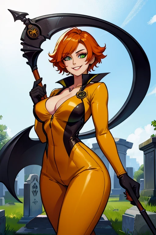 An orange haired female reaper with green eyes with an hourglass figure in yellow jumpsuit is spinning her scythe in the cemetery with a big smile