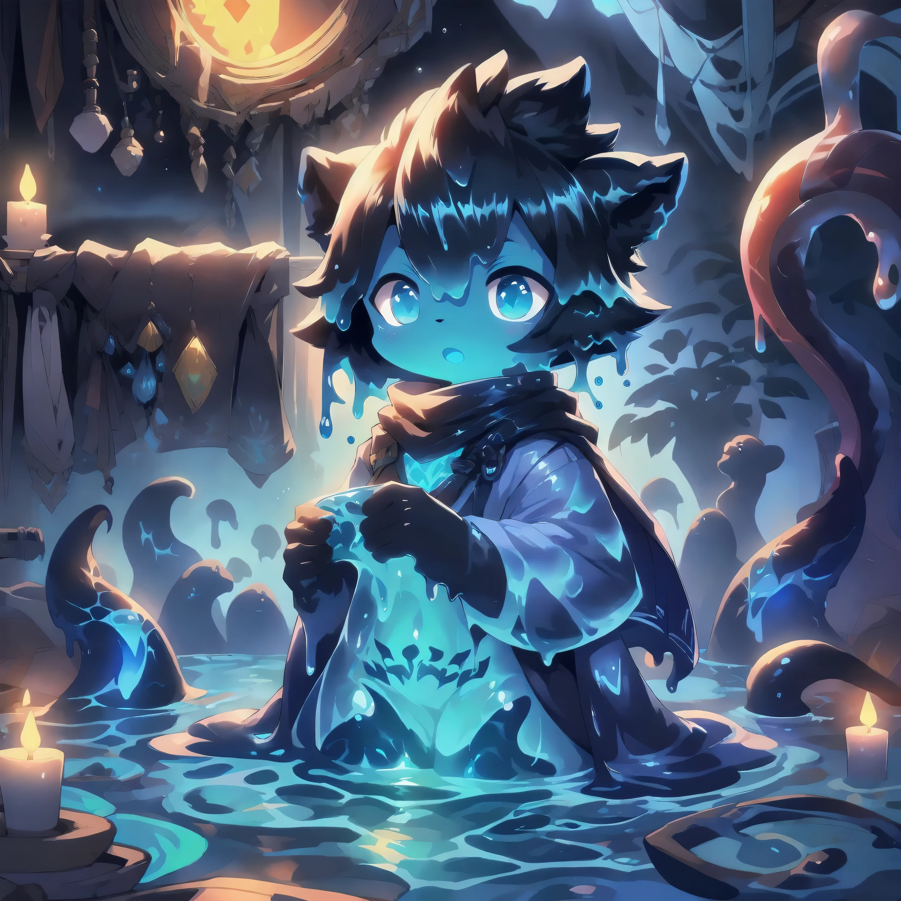 shadowing, tmasterpiece, HighestQuali, gentle illumination, Complicated details, Soft lines, Sharp focus, Mermaid Boy, Shota, tentaculata, goopy, dissolve, MuCoi, slime skin, semi transparent, Translucent body, Short liquid hair, slime, goo, goo, More tentacles, Water skin, goo, goo body, Short blue-black hair, Fluorescent blue pickaxe staining, Luminescent tattoo, liquid state, Liquid skin, Liquid body, indoor, Modern Bathroom, potted, water elemental, cloaks, Scarf, light yarn, rays of moonlight, glowworm, Starry sky, stars, exhilarated, Luminous pattern, adventurer, mage, 16k
