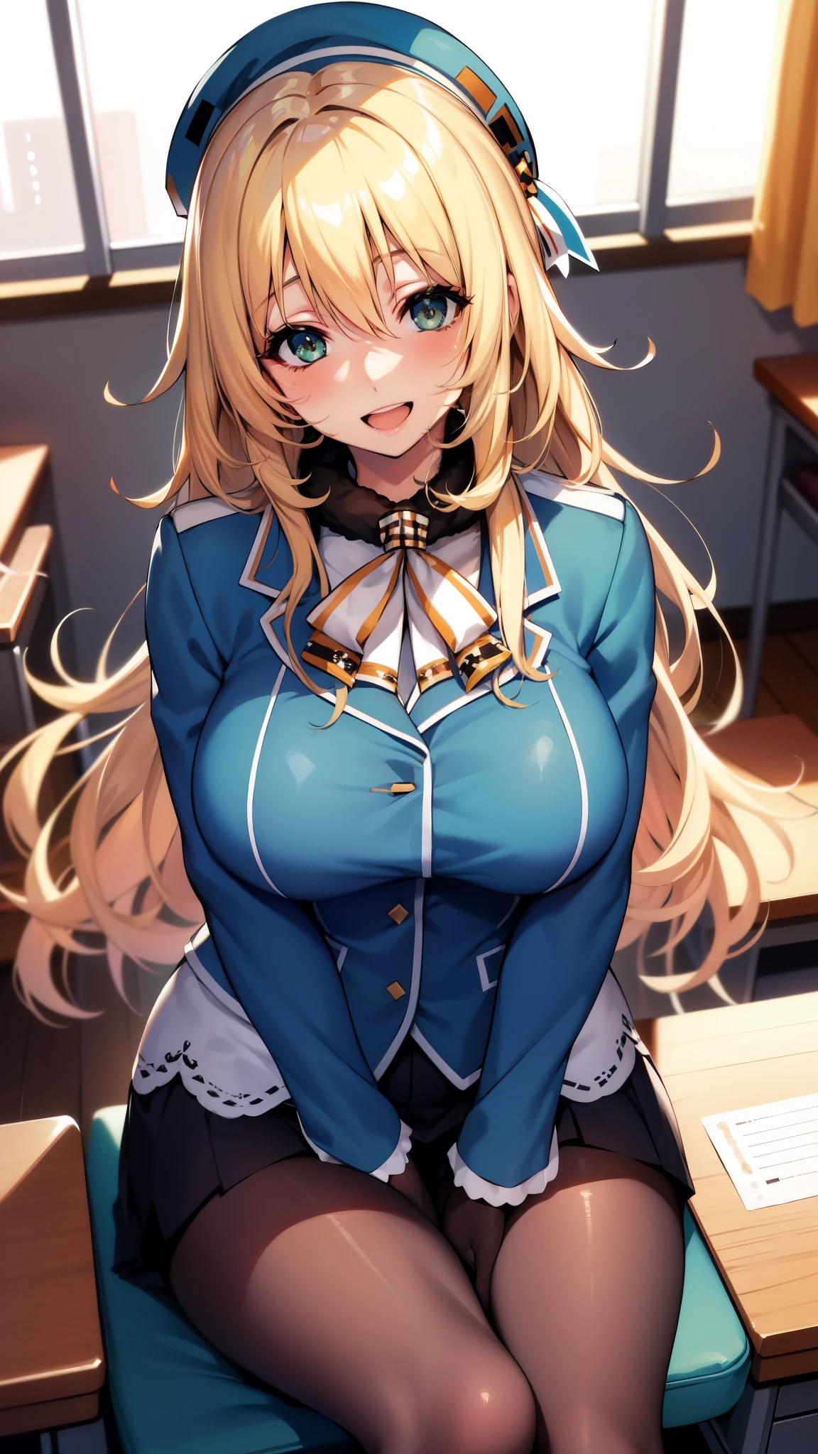 , Looking at Viewer,
blonde hair, large breasts, Smile, Open mouth, smile,wide hips,long hair,indoor,uniform,AtagoKC, (Atago) uniform,beret,sitting,office,desk,chair