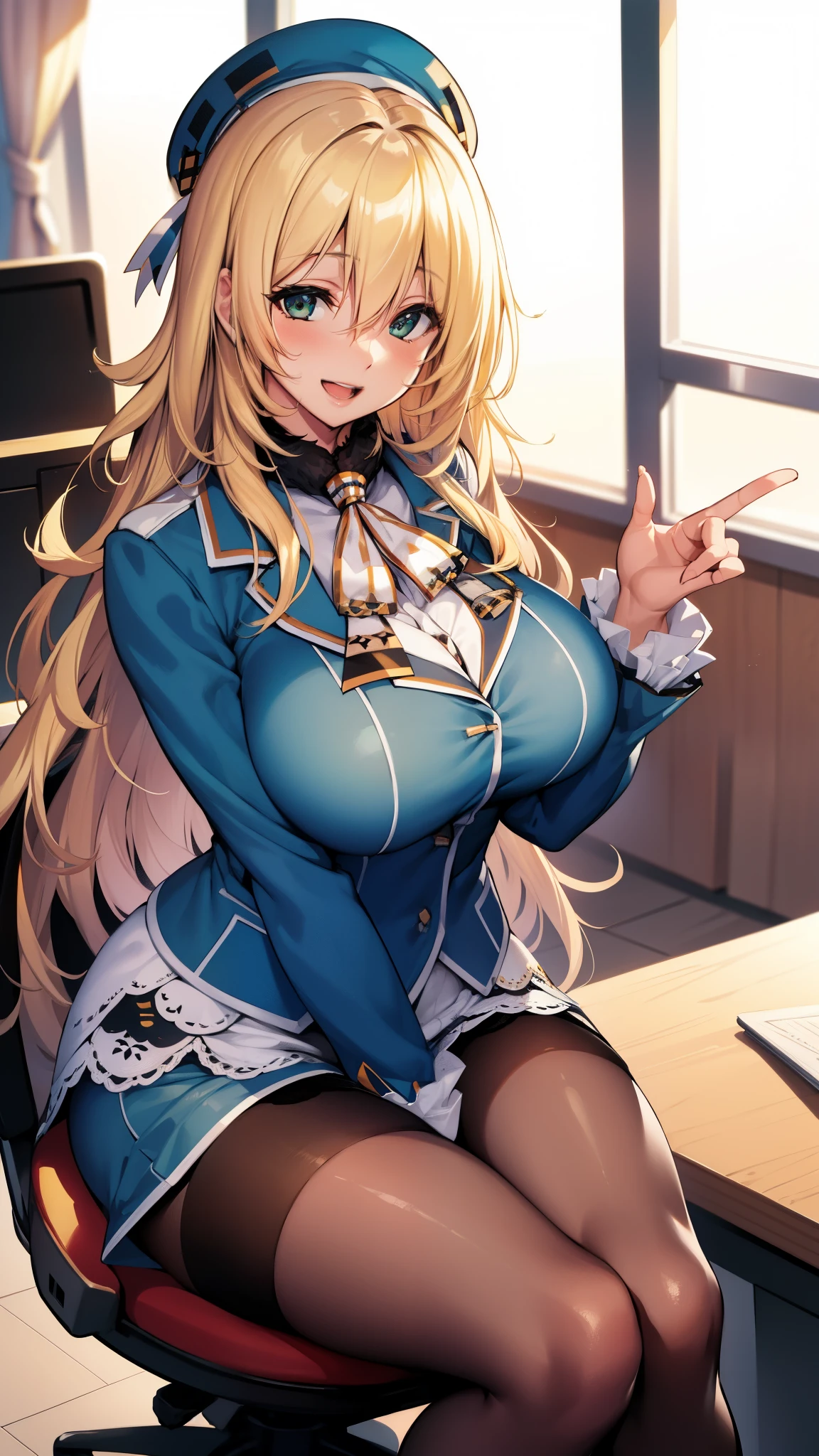 , Looking at Viewer,
blonde hair, large breasts, Smile, Open mouth, smile,wide hips,long hair,indoor,uniform,AtagoKC, (Atago) uniform,beret,sitting,office,desk,chair