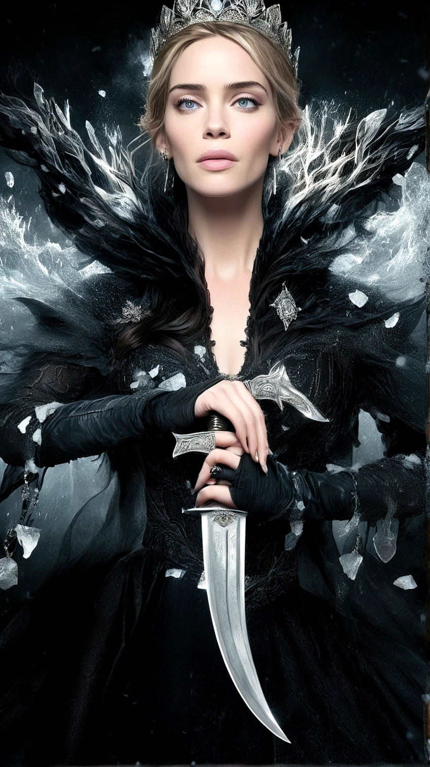 a close up of a woman holding a knife in a black dress, portrait of emily blunt as queen, poster shot, emma watson as the queen of ice, villainess, she is holding a sword, cate blanchett as medieval queen, movie promotional image, edited, key art, movie poster character, mobile wallpaper, kate beckinsale weared as thief, character poster