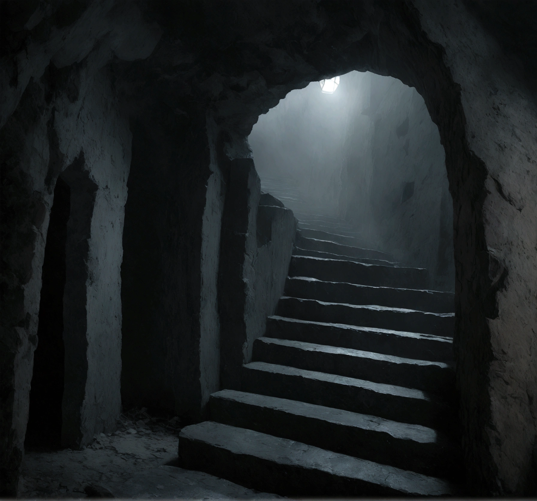 A photorealistic image, reminiscent of classic horror movie stills, of a weathered stone staircase descending into an impenetrable darkness basement in the midst of a foggy graveyard at night.