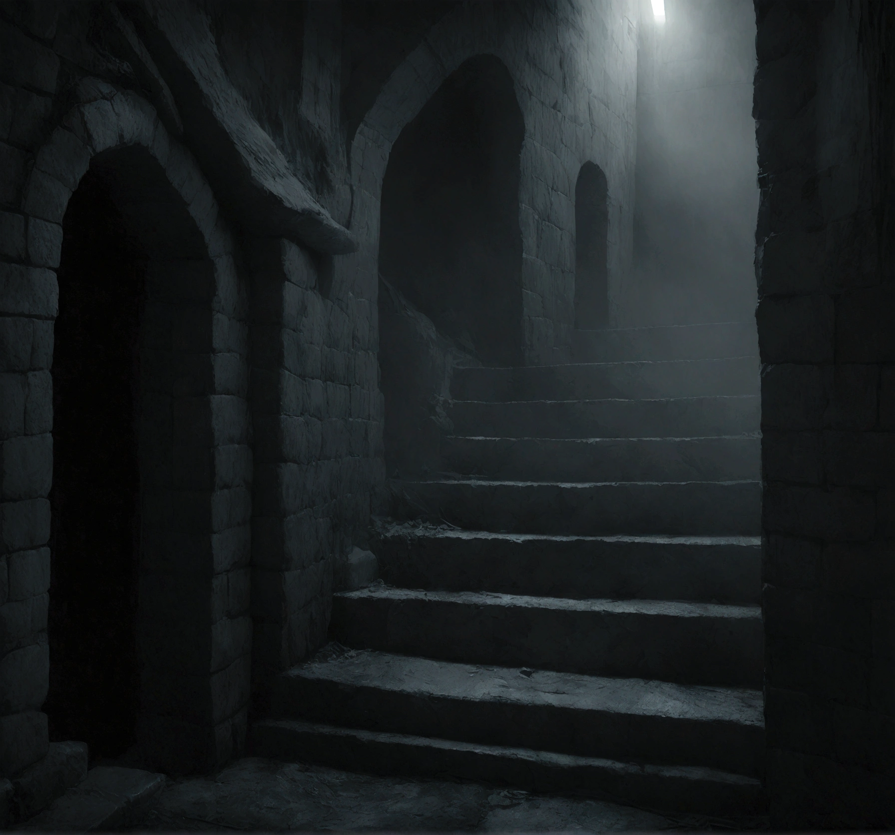 A photorealistic image, reminiscent of classic horror movie stills, of a weathered stone staircase descending into an impenetrable darkness basement in the midst of a foggy graveyard at night.