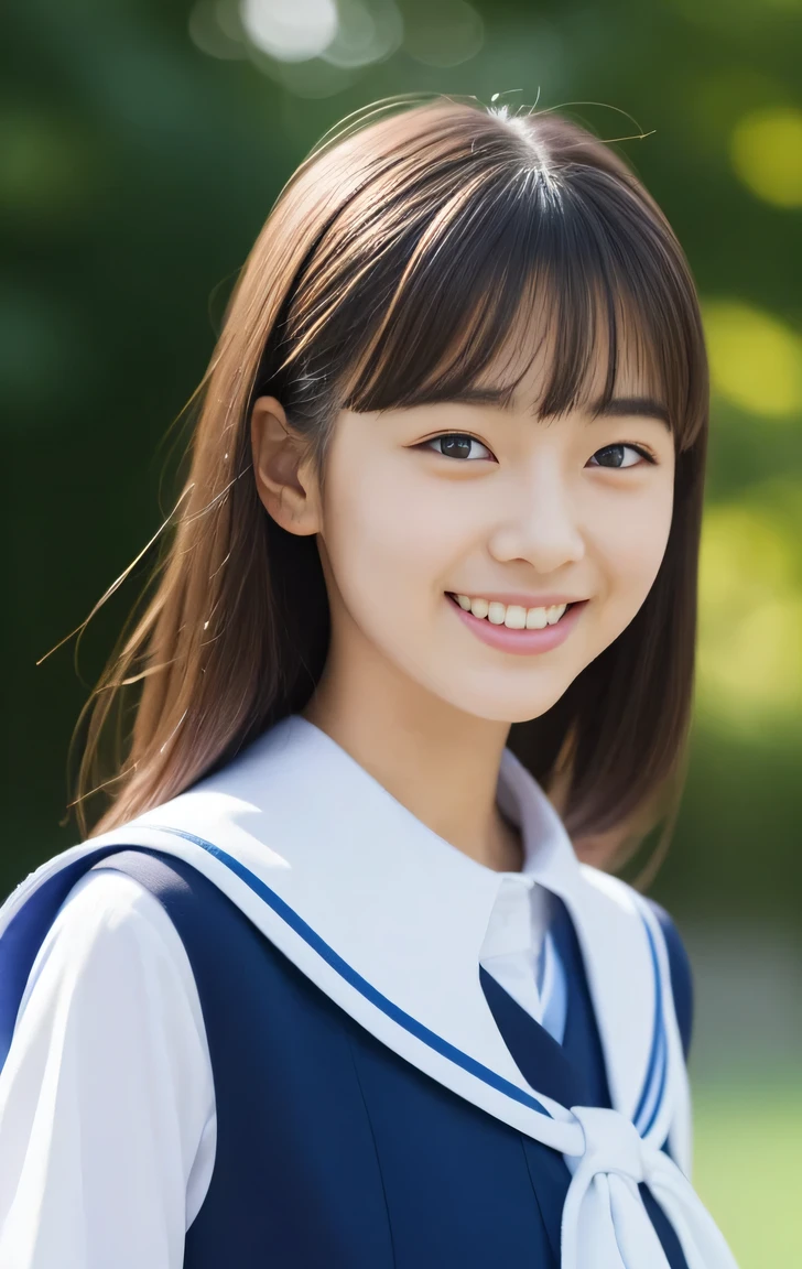 schools、ars japanese girl、cute smile at the viewer, (arms at sides:1.2), standing straight, Short-cut hairstyles 、、Autumn School Building、Skinny Legs、Extraordinary beauty、Cute face、The best smile、Cute smile、frontage、slender、Schools、 (Raw foto:1.2), (Photorealsitic:1.4),　a beautiful detailed girl, extremely detailed eye and face, beatiful detailed eyes, huge filesize, hight resolution, ighly detailed, top-quality, ​masterpiece, ((Japanese girls' high school uniform)), ighly detailed, nffsw, 8k wallpaper, magnifica, finely detail, top-quality, Highly detailed ticker uniform、 Light on the Face、light、