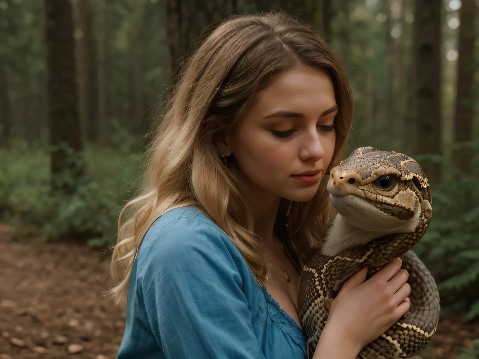 a young caucasian woman kissing a snake, beautiful detailed blue eyes, curled blonde hair, gypsy dress, pacific northwest forest, photorealistic, 8k, highly detailed, intricate, digital painting, soft lighting, warm colors, cinematic composition, hyperrealistic