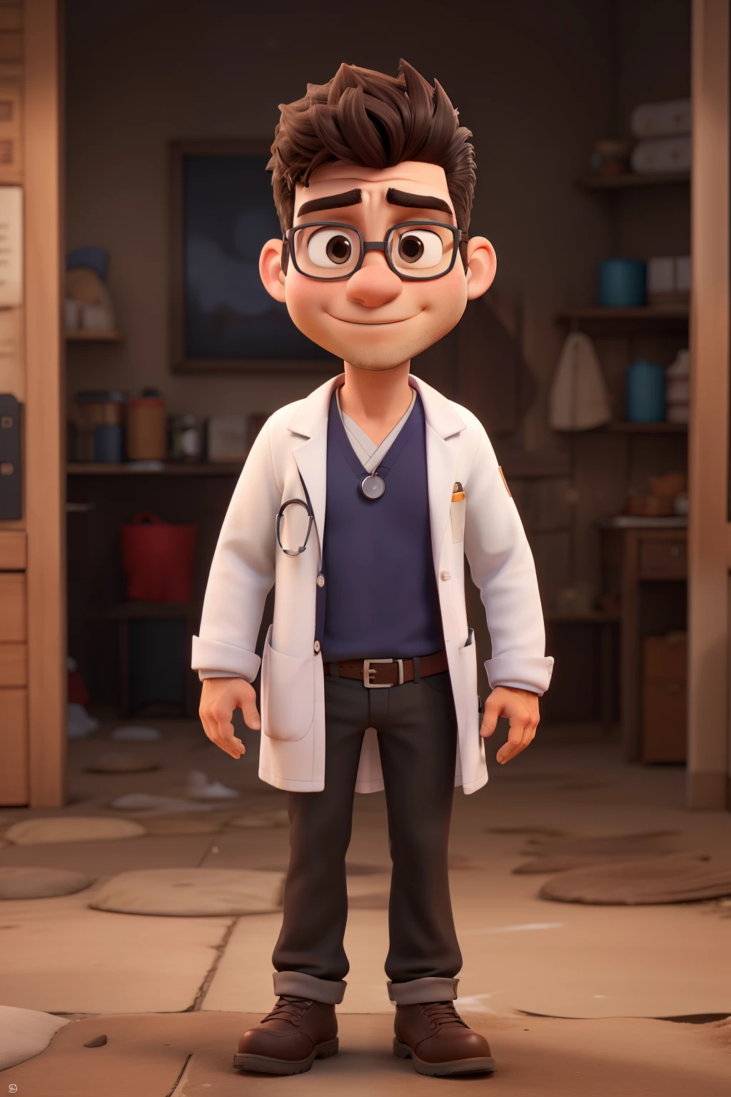 Personagem 3D, apenas um homem  e um cabelo e barba preto muito curto e estiloso com um leve topete, wearing a snow-white doctor&#39;s coat, brown eyes and a loving expression, brown dress shoes, camiseta azul com estampa escrita Dr.Antonio FisioKids and a logo with an astronaut and a description below Evolve Kids, the scene in the background is that of a physiotherapy clinic, Can&#39;t have any animals, apenas objetos de uma clinica  (film composition), (Estilo Pixar:1.2), (CGI animation: 1.2), (Disney: 1.2), (desenho animado: 0.2), (melhor qualidade, Obra de arte, 4k, ultra detalhado, sharp focus, 8K, High definition:1.2), (por Danny Mac 3D, por Follygon), (Obra de arte: 1.2), absurdos