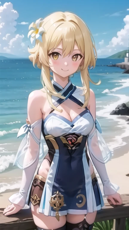 ((masterpiece)),(best quality),official art,extremely detailed CG,unity 8k wallpaper,ultra detailed,A lighthouse on a cliff by the sea,1girl,solo,upper body,looking at viewer,lumine (genshin impact),blonde hair,hair flower,hair ornament,yellow eyes,white dress,detached sleeves,short hair with long locks,white flower,bare shoulders,smile,cleavage,white thighhighs,bangs,frills,blush,medium breasts,long sleeves,sidelocks,halterneck,cleavage,hair between eyes,zettai ryouiki,white sleeves,see-through,feather hair ornament,