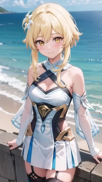 ((masterpiece)),(best quality),official art,extremely detailed CG,unity 8k wallpaper,ultra detailed,A lighthouse on a cliff by the sea,1girl,solo,upper body,looking at viewer,lumine (genshin impact),blonde hair,hair flower,hair ornament,yellow eyes,white dress,detached sleeves,short hair with long locks,white flower,bare shoulders,smile,cleavage,white thighhighs,bangs,frills,blush,medium breasts,long sleeves,sidelocks,halterneck,cleavage,hair between eyes,zettai ryouiki,white sleeves,see-through,feather hair ornament,