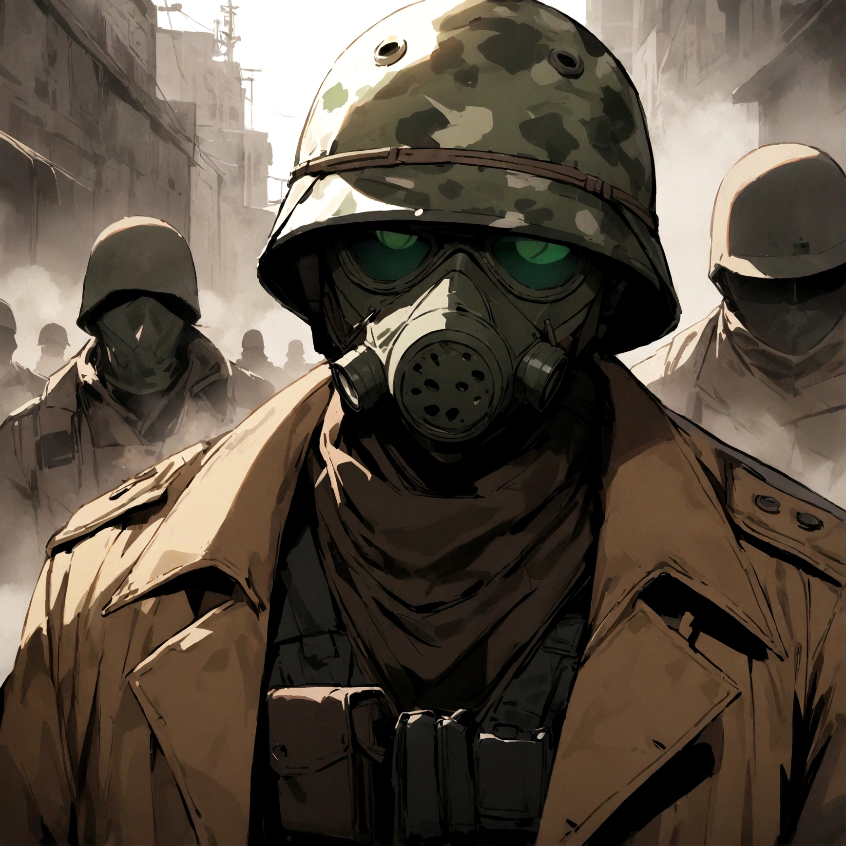(masterpiece), best quality, faceless, hidden face, soldier, full face mask, green lenses, Male, Green Tactical helmet, black M50 gasmask, brown leather fur lined duster coat, green tactical vest, black pants. green lenses, Brown coat, Dark brown coat, leather coat, Faceless, hidden face, cool, post apocalyptic soldier, brown coat, Flecktarn camouflage vest, Flecktarn helmet camouflage, upper body, dark brown leather coat, solo, fur lined coat, overcoat, leather overcoat, portrait