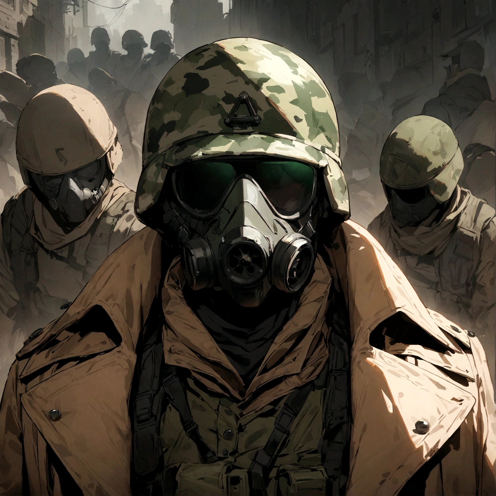 (masterpiece), best quality, faceless, hidden face, soldier, full face mask, green lenses, Male, Green Tactical helmet, black M50 gasmask, brown leather fur lined duster coat, green tactical vest, black pants. green lenses, Brown coat, Dark brown coat, leather coat, Faceless, hidden face, cool, post apocalyptic soldier, brown coat, Flecktarn camouflage vest, Flecktarn helmet camouflage, upper body, dark brown leather coat, solo, fur lined coat, overcoat, leather overcoat, portrait