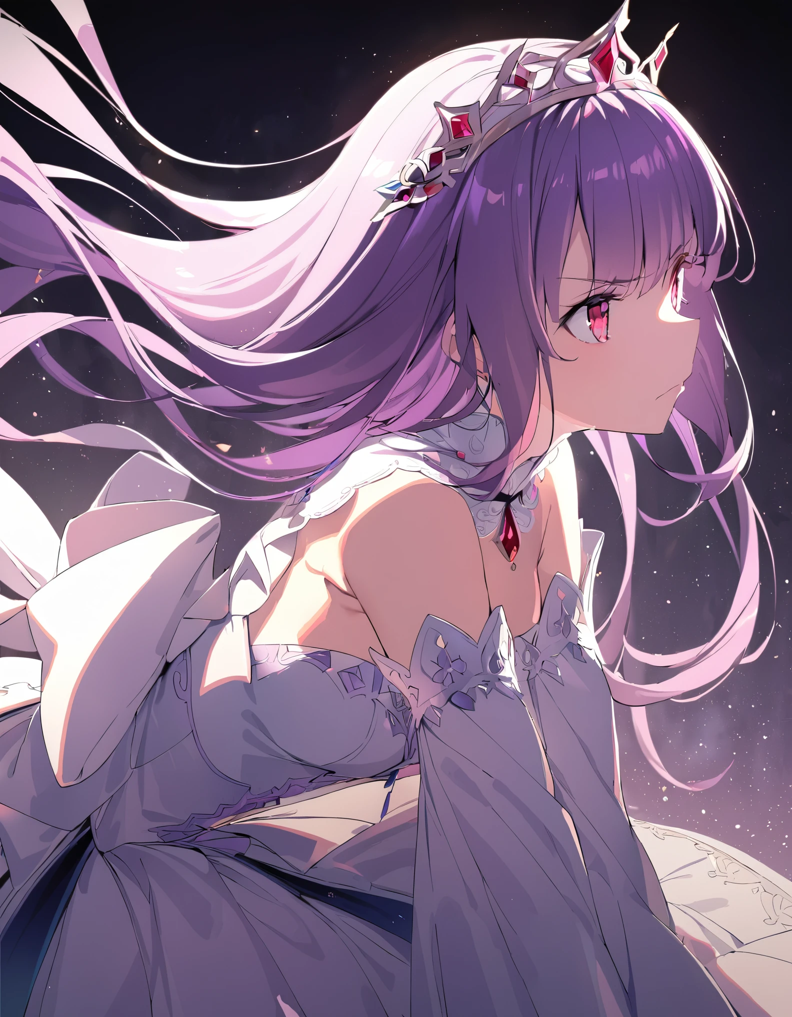 One girl, Beautiful and fine details, Long purple hair, Pale red eyes, Princess Dress, Look at me with quiet anger