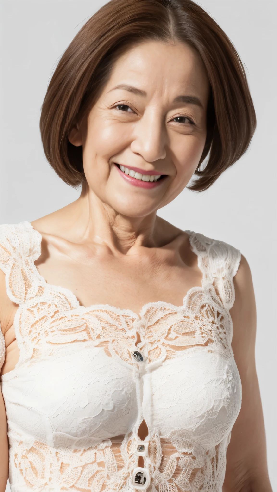 ((Face close-up)), ((Grandmother)), (((Short Bob))), Late Elderly, Aged face, Perfect composition, ((Fractal Art)), (((masterpiece))), 8k, Clear images, (((alone))), (((Asian Beauty))), Pure white background, Natural Hair Color, Hands behind back, Refreshing early summer outfit, Alluring, ((Elderly)), Depict lips accurately,Red lips, Flashy makeup, (((alone))), (((Perfect Anatomy))), Depicting ears correctly, Pure white background, gravure, Upright posture, smile, ((Beautiful mature woman)), highest quality, Very detailed, Realistic, Very detailed細なスキン, (Madame), (The corners of the mouth are turned up), 120 years old, Huge breasts, Mature Politician, Glamour, sexy, Pure white skin, Natural hairstyle, Comfortable clothing,