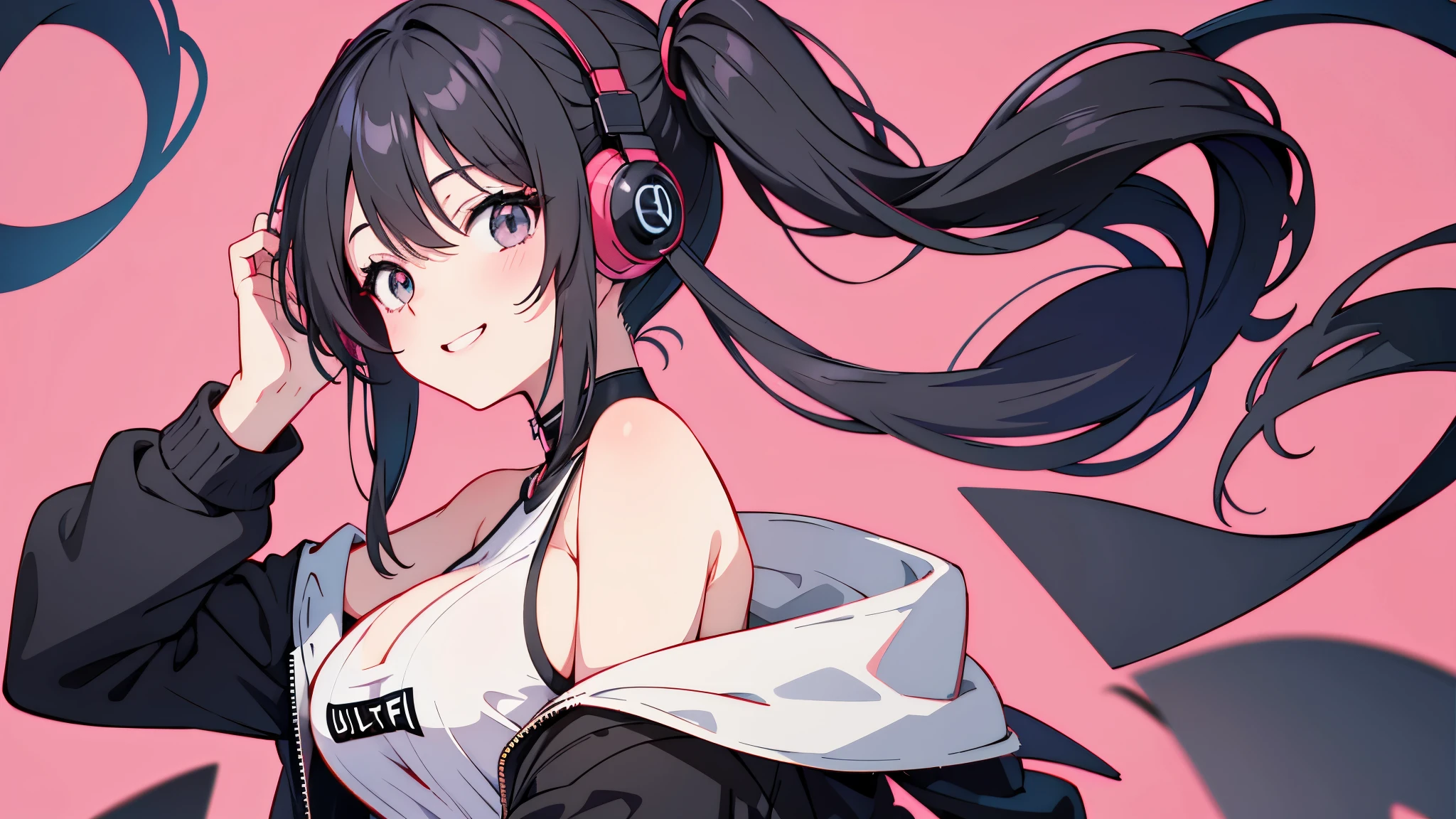 masterpiece,anime style,chibi,sexy girl,black hair,shoulder length hair with two pigtails,black jacket,with headphones,lo fi background,smiling,big breasts,listening to music,waiting on the right side of the image,
