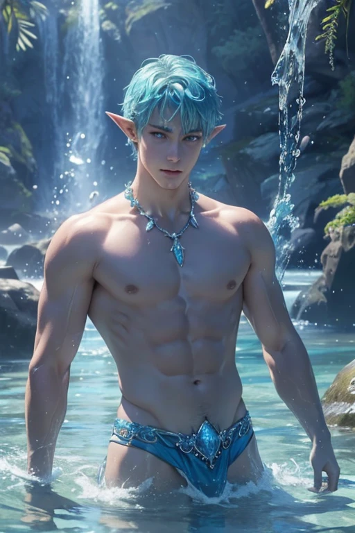 best quality,masterpiece,Ultra high detail,A handsome muscular fractal aqua hair water elf druid prince, Short hair,topless,),(wearing blue wardrobe with jewelry ),realistic, water splash background, light environment