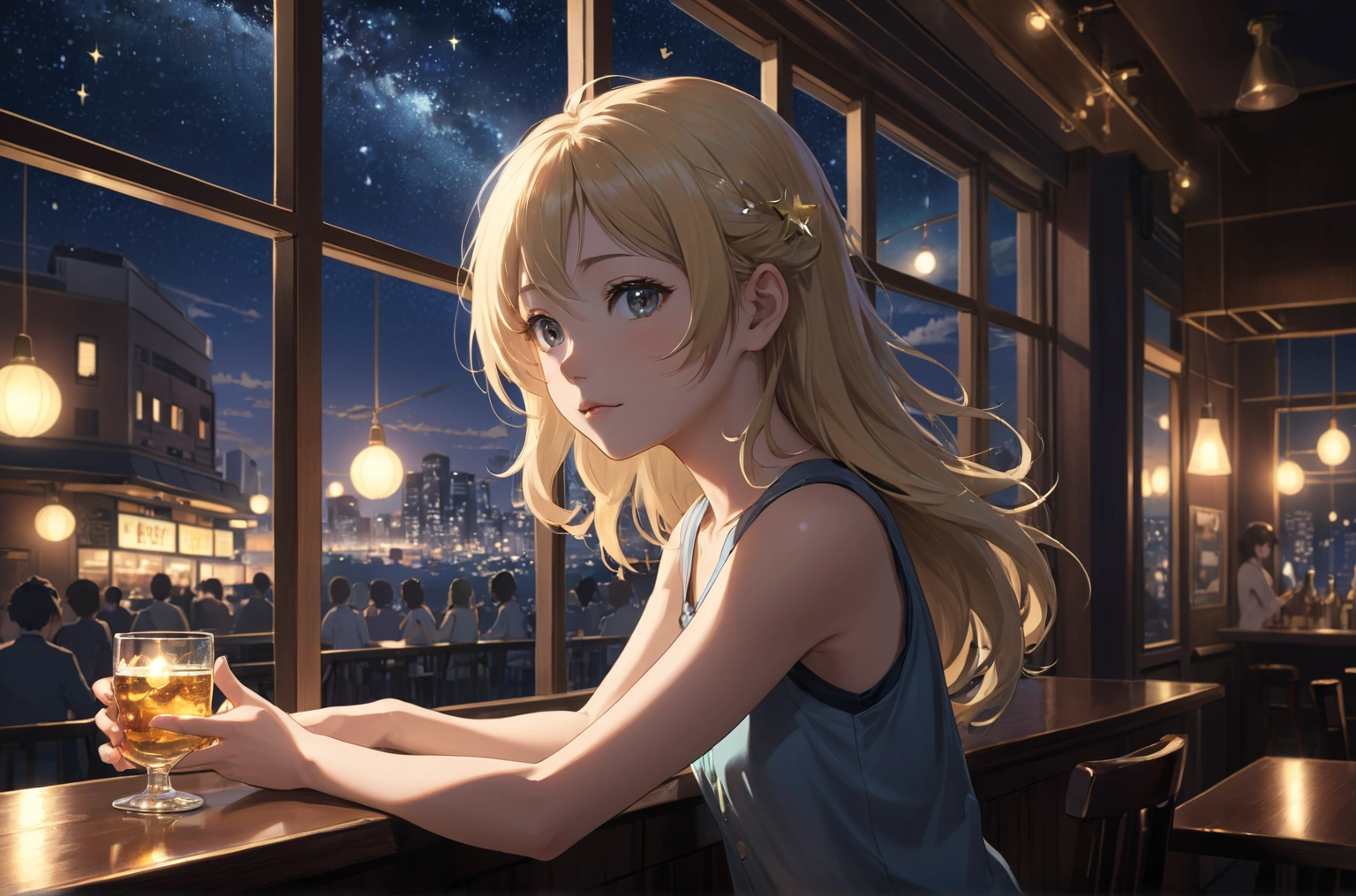 Uses Makoto Shinkai's depiction perfectly,Portrait of Riyoko Takagi 8k 4k masterpiece photo ,A jazz bar with a glass ceiling,Outside the window is a dim night view,Stars twinkle in the sky,Close-up of profile,Semi-long hair,sexy,Large bust,Wearing a sleeveless shirt,Blonde,Draw fingertips and toes more accurately,The most beautiful woman in the world,45 years old,
