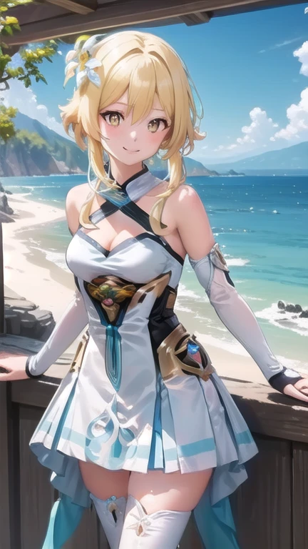 ((masterpiece)),(best quality),official art,extremely detailed CG,unity 8k wallpaper,ultra detailed,A lighthouse on a cliff by the sea,1girl,solo,upper body,looking at viewer,lumine (genshin impact),blonde hair,hair flower,hair ornament,yellow eyes,white dress,detached sleeves,short hair with long locks,white flower,bare shoulders,smile,cleavage,white thighhighs,bangs,frills,blush,medium breasts,long sleeves,sidelocks,halterneck,cleavage,hair between eyes,zettai ryouiki,white sleeves,see-through,feather hair ornament,