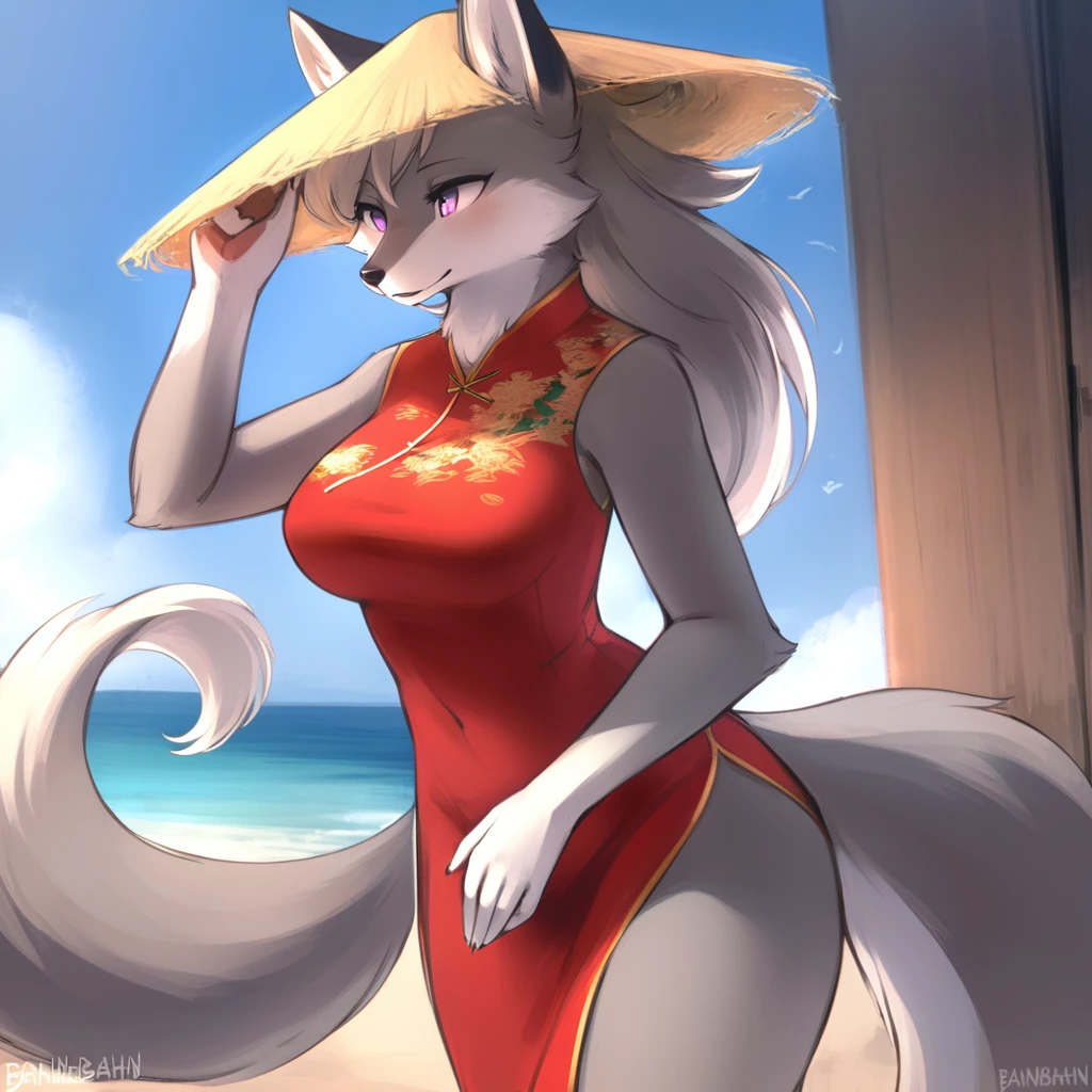 top quality, best quality, by bahnbahn, High-quality illustrations, masterpiece, shading, light)(kemono, furry anthro, alone), round, female, wolf, slim body, wide hips, big breasts, perfect eyes, purple pupils, grey furs, fluffy, tails, chinese dress, straw hat, sea, body movement,
