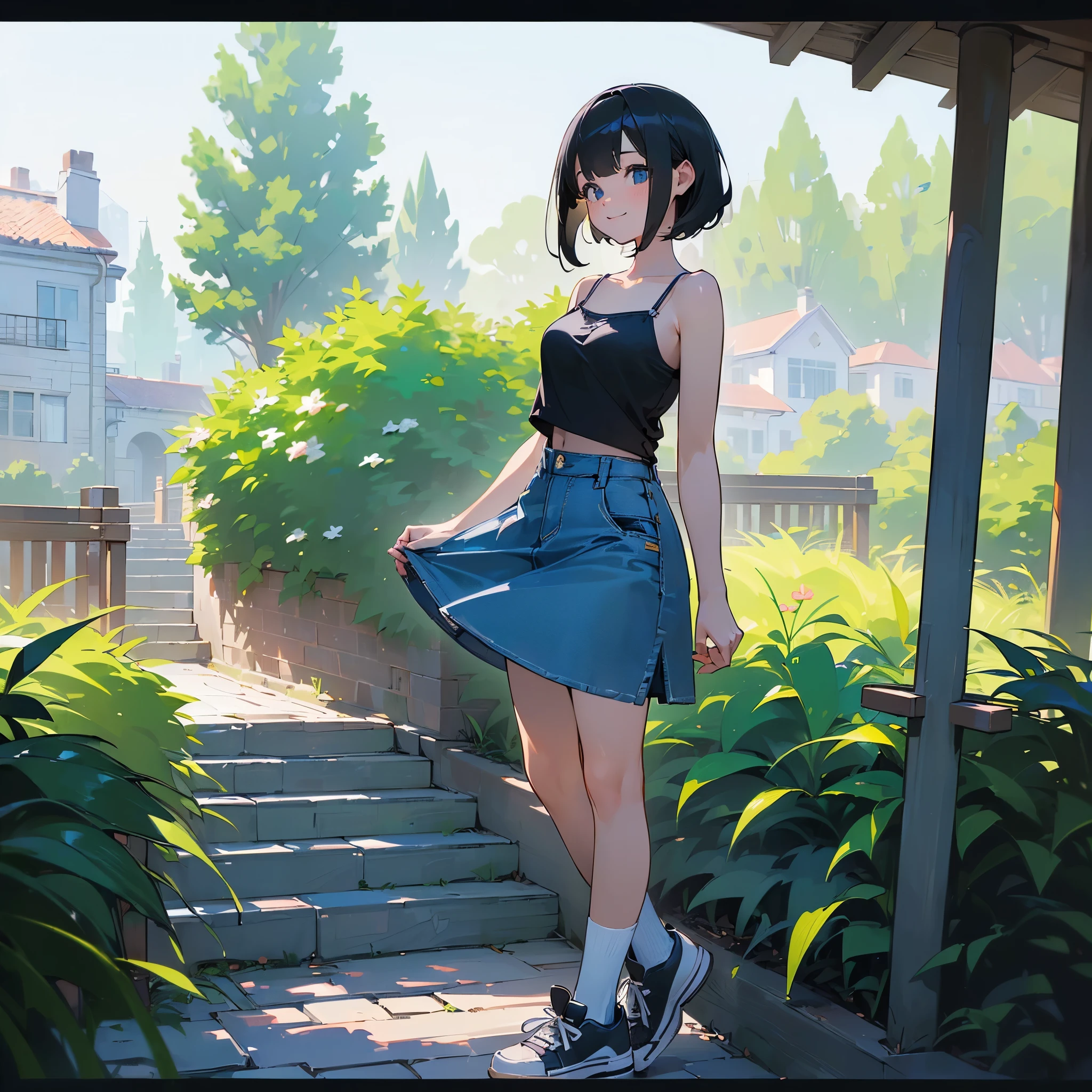 (high quality, High resolution, Very detailed, reality:1.37), Peaceful atmosphere, (Outdoor, garden), Teenage girl standing alone, (my breasts are big.), Beautiful details, Cute Smile, (Black bob hair), camisole, Denim skirt, Blue socks, sneakers.