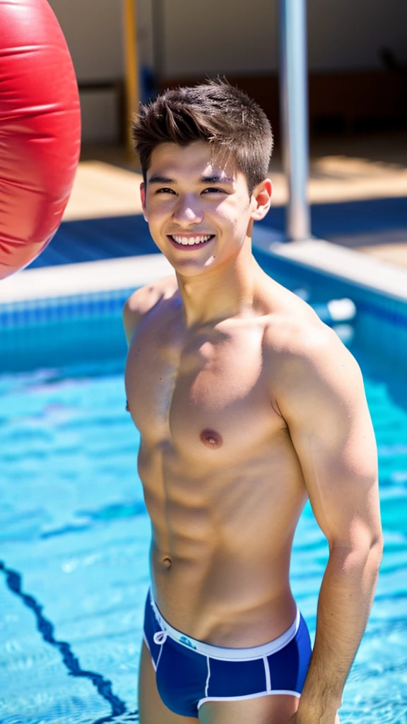 male Age 23 swimwear lifeguard topless smile