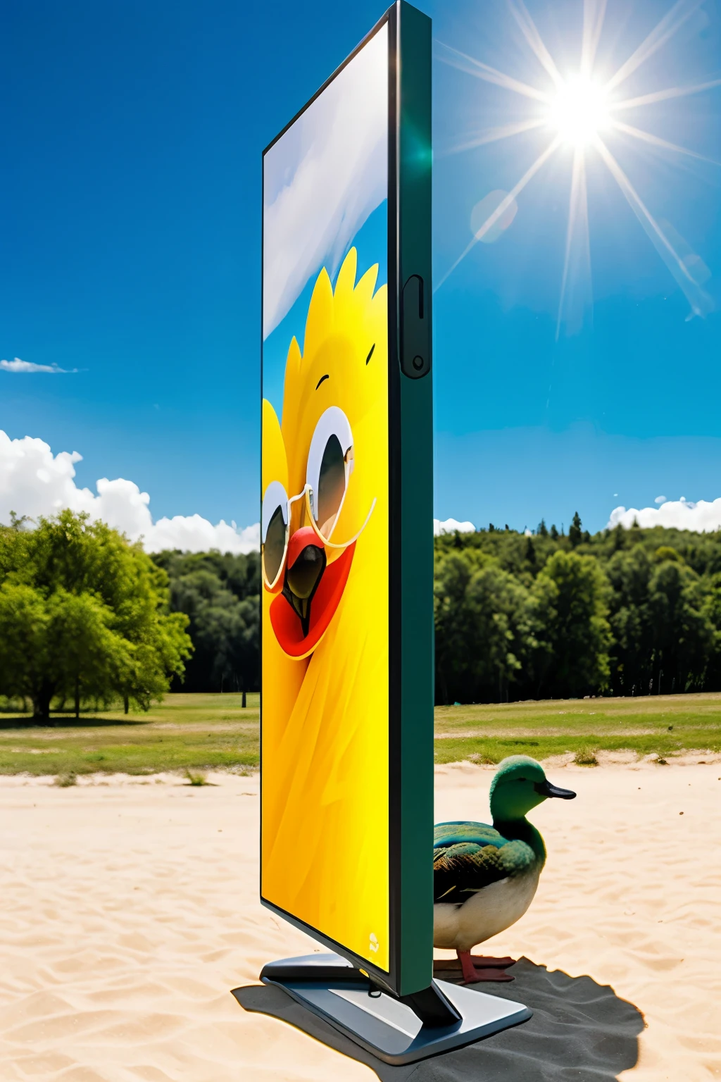 Crea un fondo de pantalla para pc de dimensiones estandares de un pato con gafas de sol