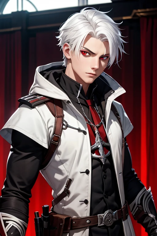 an 18 year old man with white hair and red eyes wearing an assassin&#39;s outfit, sonrisa sensual, hombre hiperrealista;cuerpo perfecto. cuerpo completo