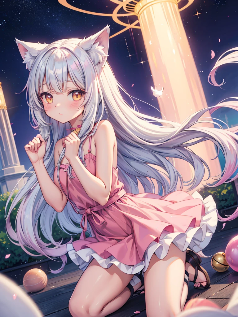 anime girl with long hair and a pink dress and a cat ears, holo is a wolf girl, holo if a wolf girl, very beautiful anime cat girl, cute anime catgirl, anime catgirl, beautiful anime catgirl, nyaruko-san, white - haired fox, cute anime girl, nekomimi, white fox anime